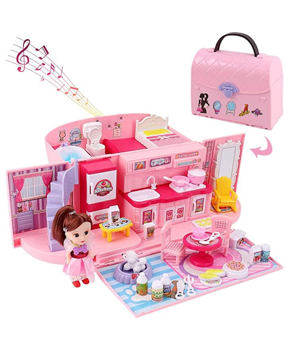 Happy Hues 2-in-1 Mini Light & Music Portable Pink Doll House Play Set with Doll & Accessories in Stylish Handbag-image-32
