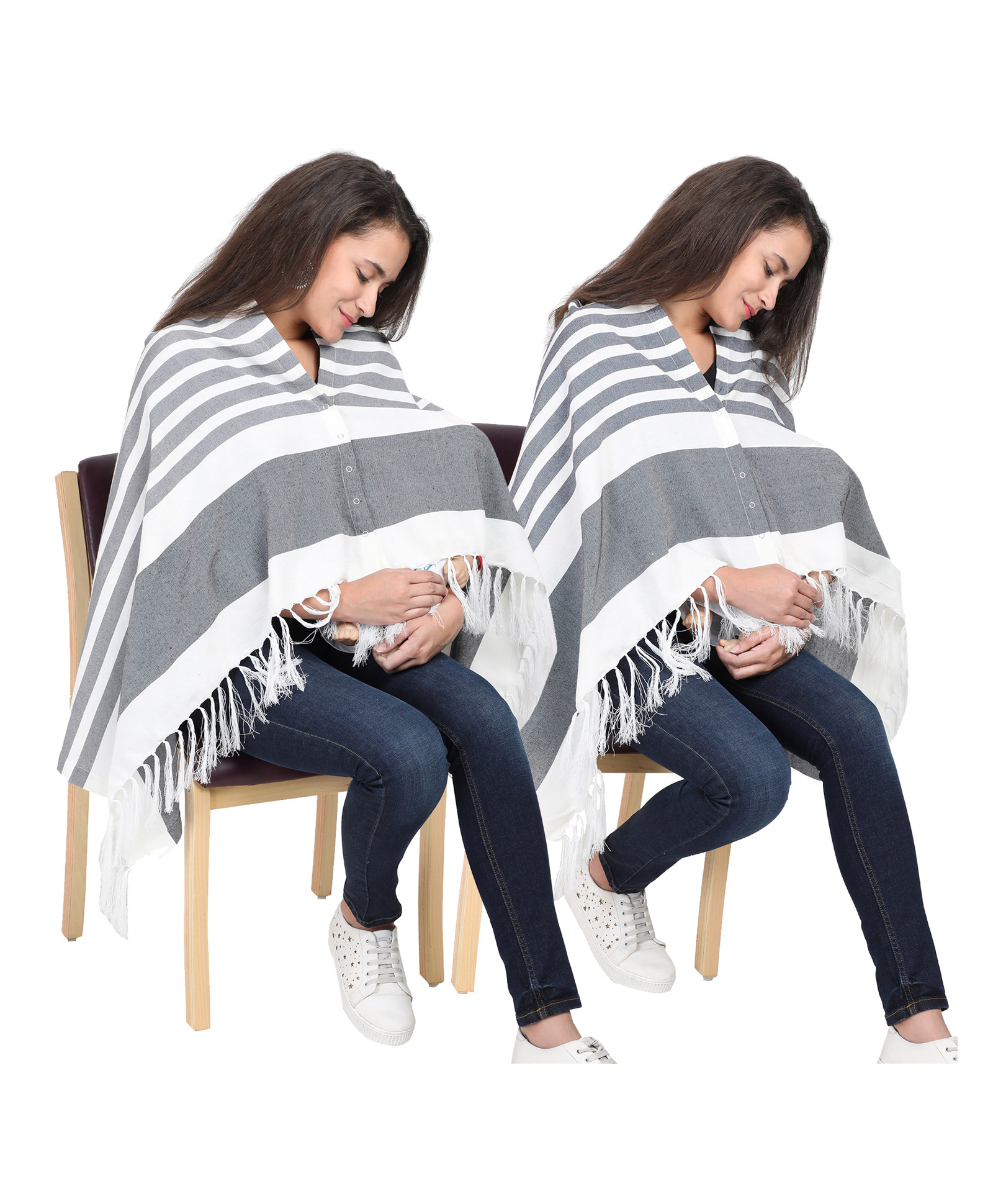 Lulamom Multi-Purpose Breast Feeding Nursing Striped Shawl - Pack of 2 (Grey & Navy)-picture-18