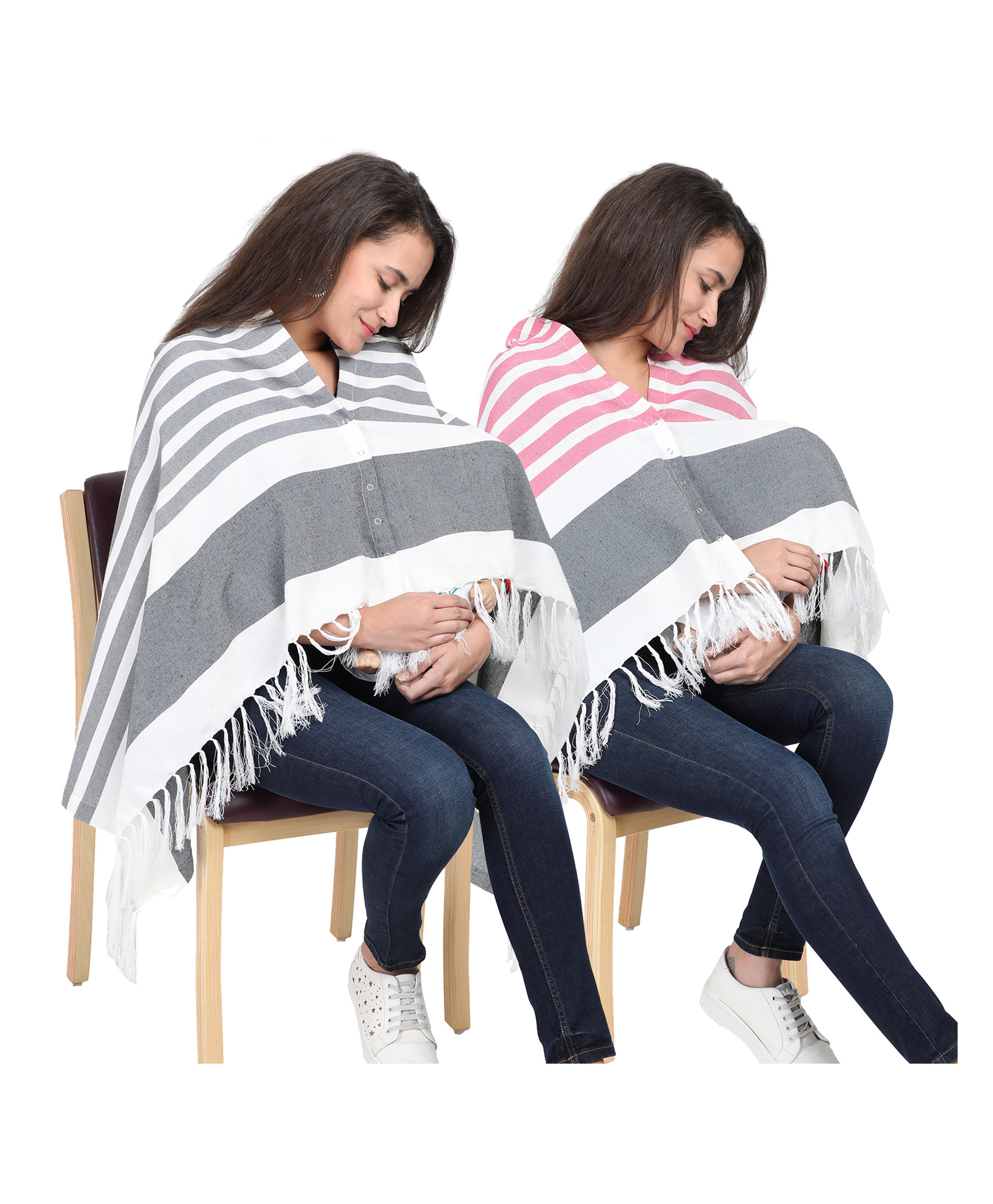 Lulamom Multi-Purpose Breast Feeding Nursing Striped Shawl - Pack of 2 (Grey & Pink)-picture-21