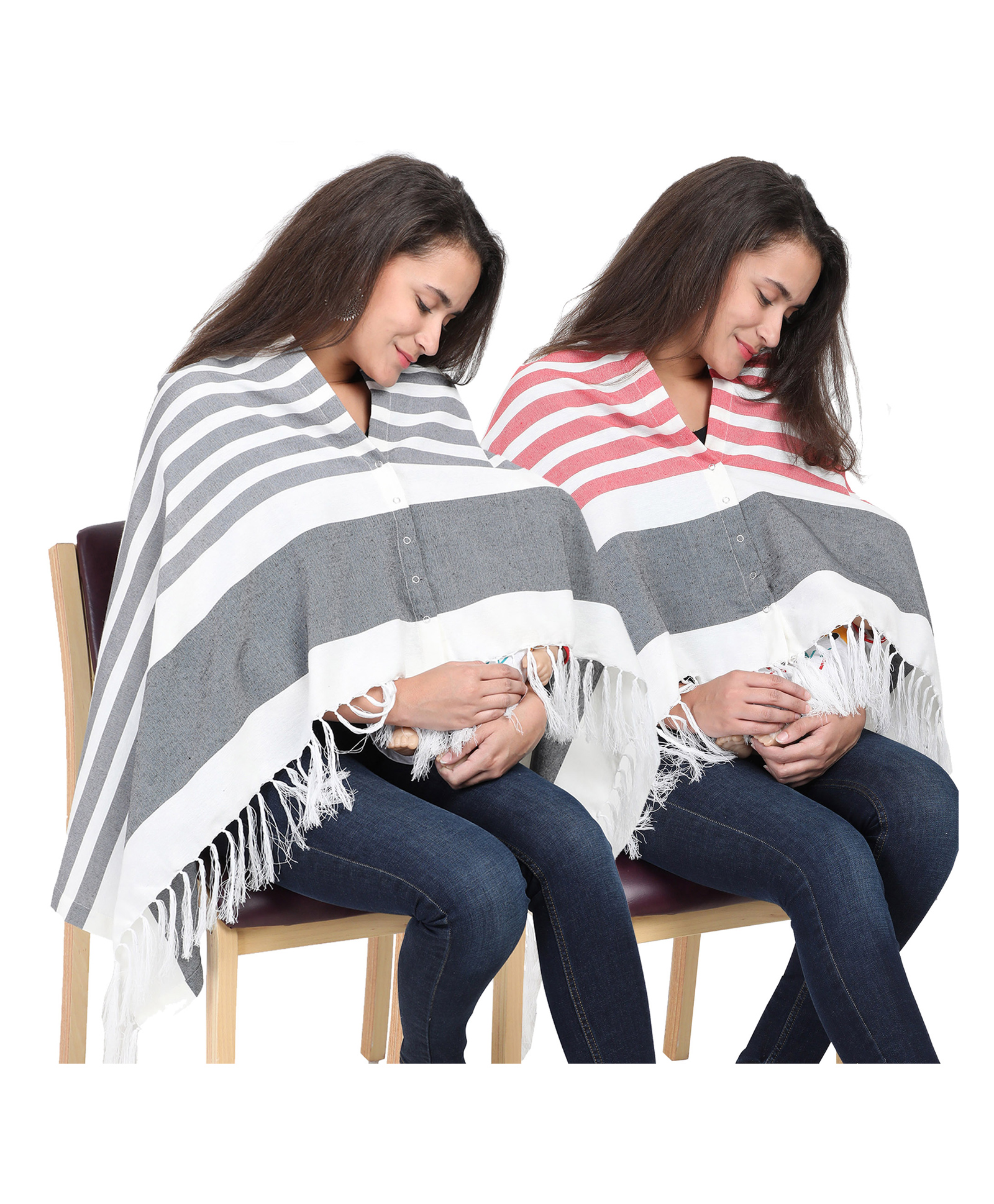 Lulamom Multi-Purpose Breast Feeding Nursing Striped Shawl - Pack of 2 (Grey & Red)-picture-17
