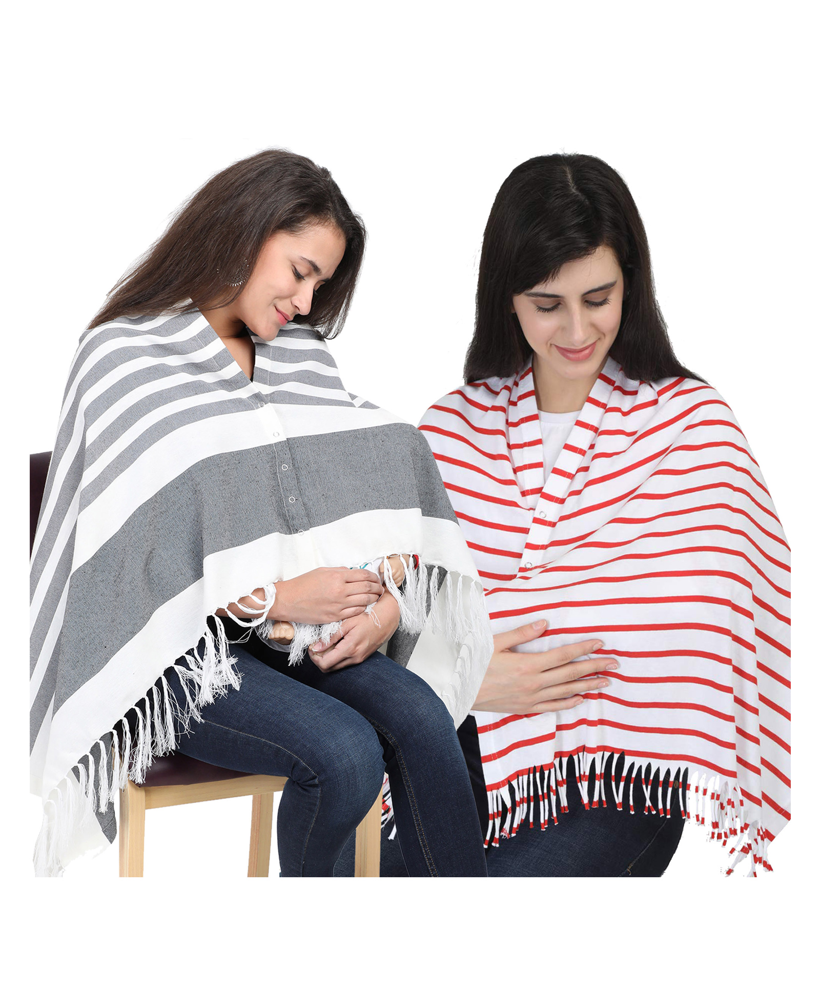 Lulamom Multi-Purpose Breast Feeding Nursing Striped Shawl - Pack of 2 (Grey & Red )-picture-9