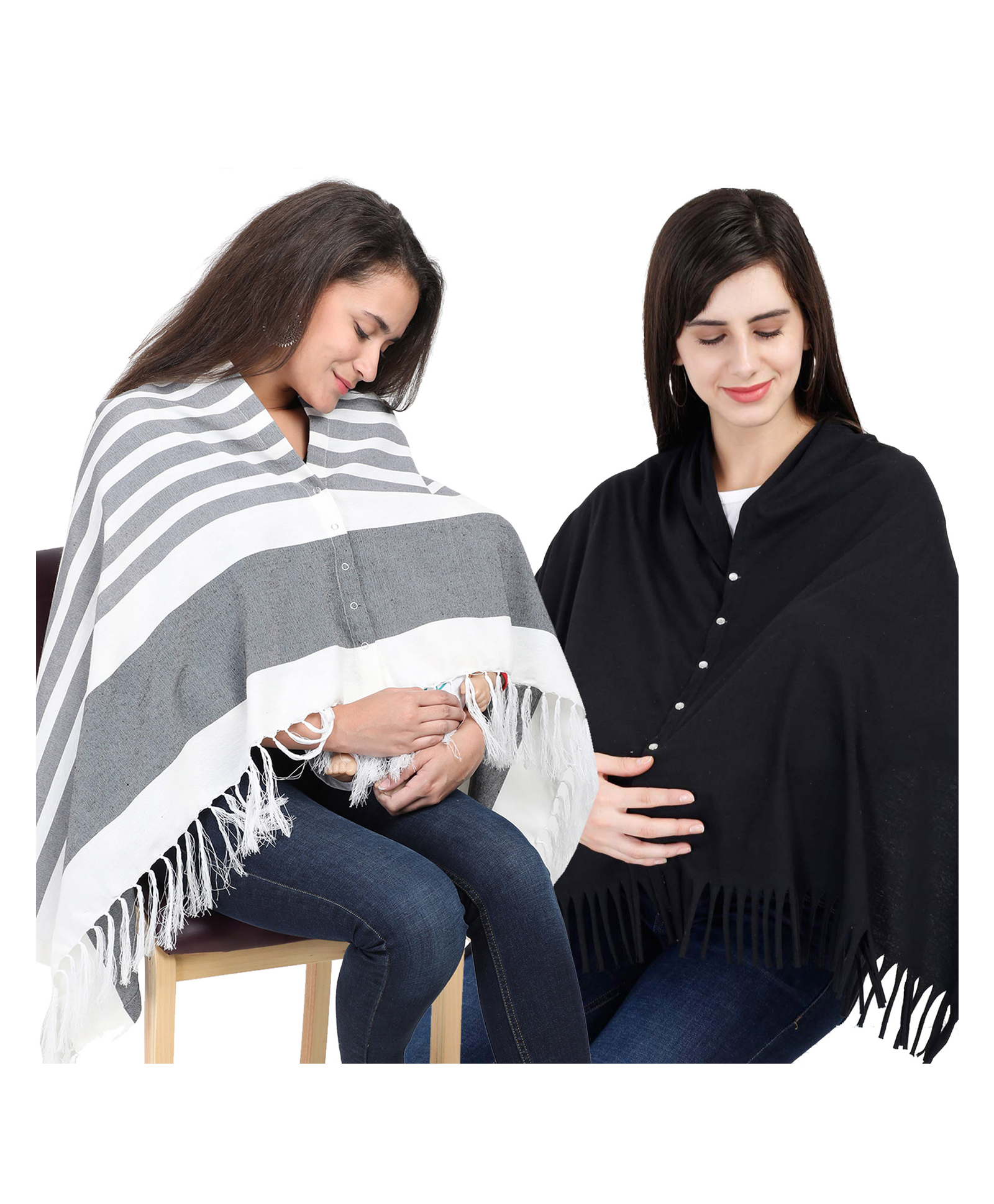 Lulamom Multi-Purpose Breast Feeding Nursing Shawl - Pack of 2 (Grey stripes & Black solid)-image-34