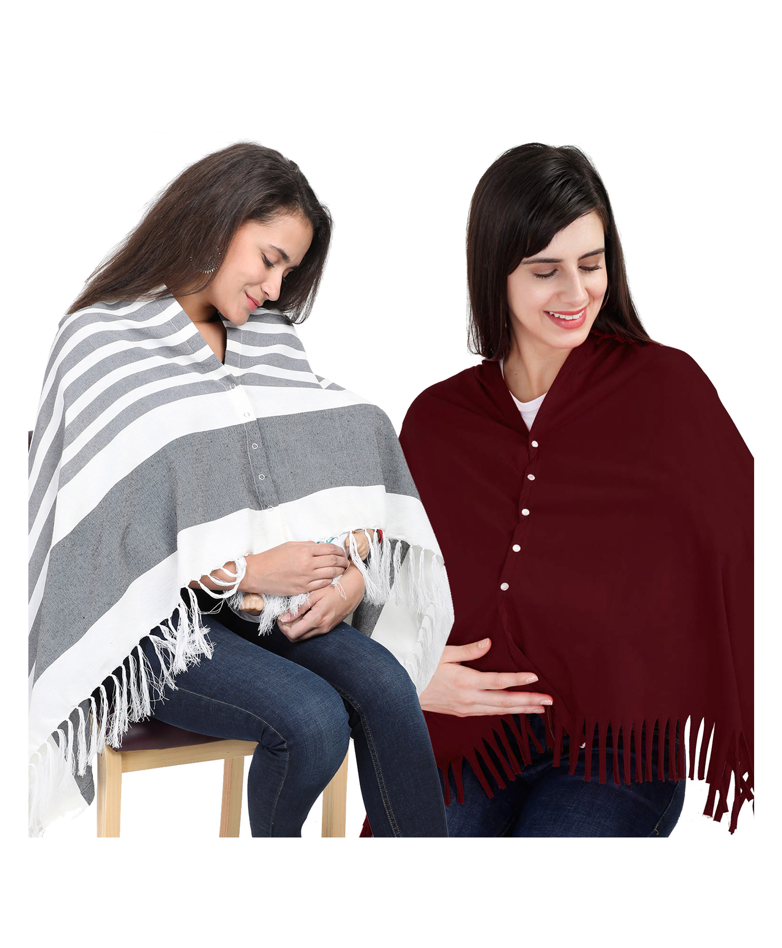 Lulamom Multi-Purpose Breast Feeding Nursing Shawl - Pack of 2 (Grey stripes & Maroon solid)-picture-19