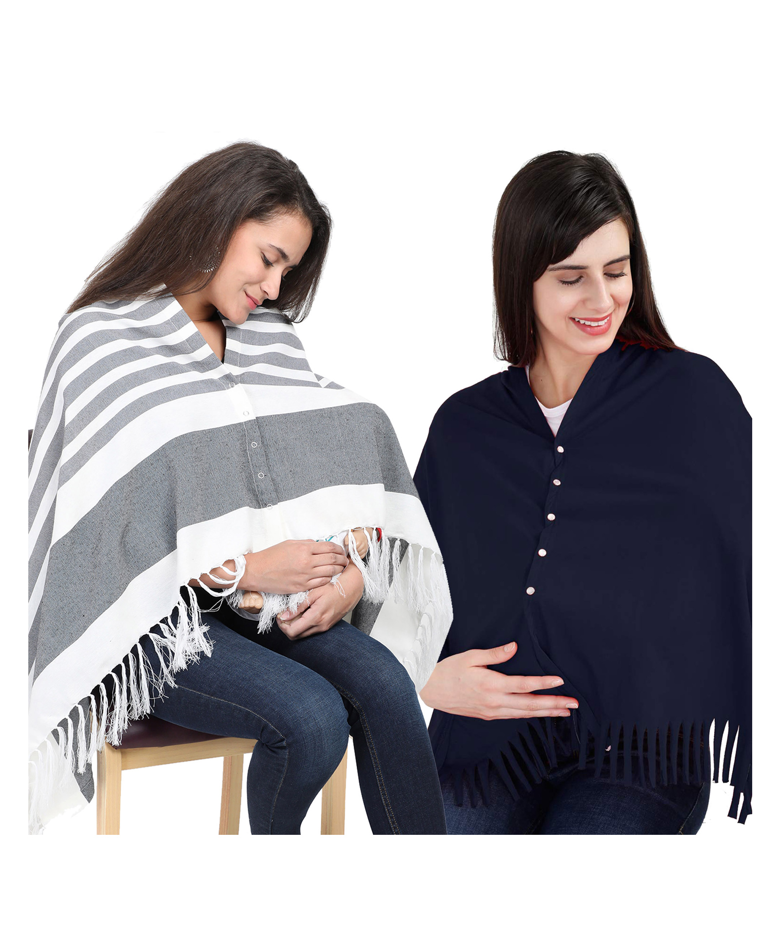 Lulamom Multi-Purpose Breast Feeding Nursing Shawl - Pack of 2 (Grey stripes & Navy solid)-image-32