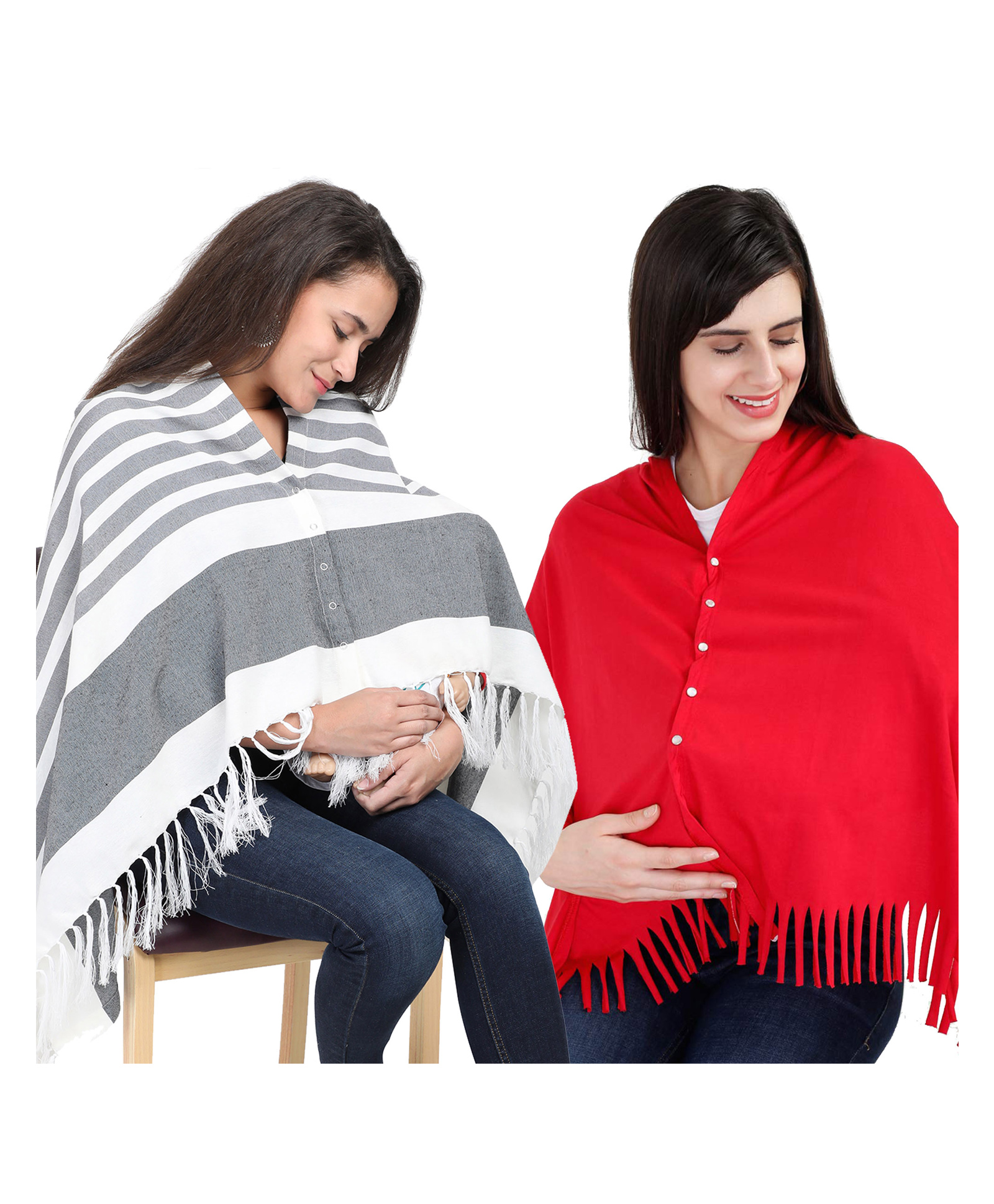 Lulamom Multi-Purpose Breast Feeding Nursing Shawl - Pack of 2 (Grey stripes & Red solid)-image-35