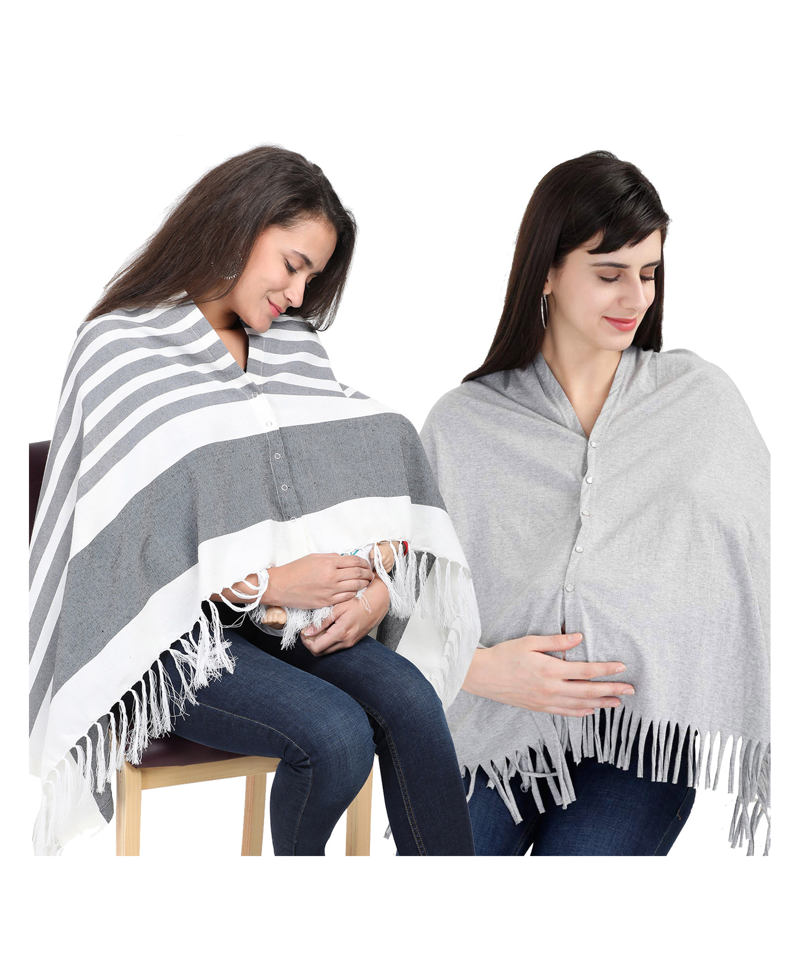 Lulamom Multi-Purpose Breast Feeding Nursing Shawl - Pack of 2 (Grey stripes & Grey melange solid)-image-31