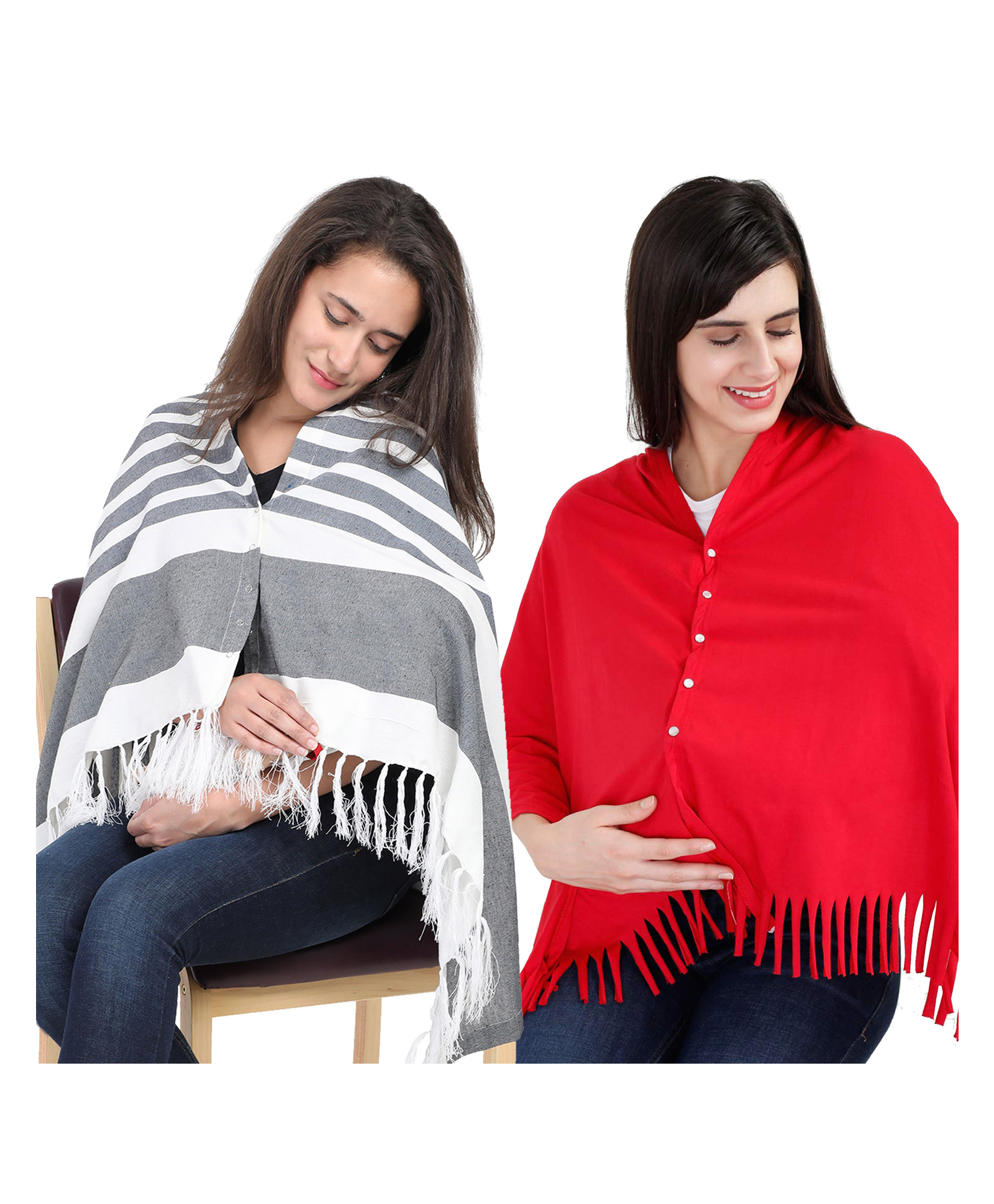 Lulamom Multi-Purpose Breast Feeding Nursing Shawl - Pack of 2 (Navy stripes & Red solid)-image-27