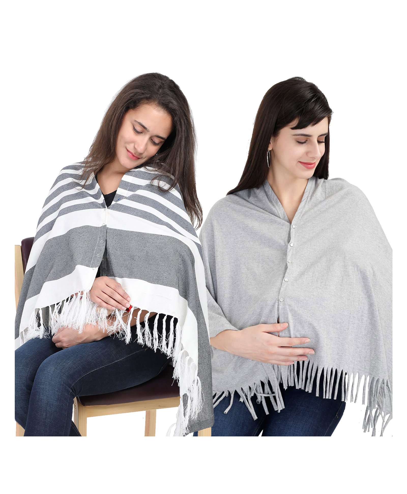 Lulamom Multi-Purpose Breast Feeding Nursing Shawl - Pack of 2 (Navy stripes & Grey melange solid)-picture-38