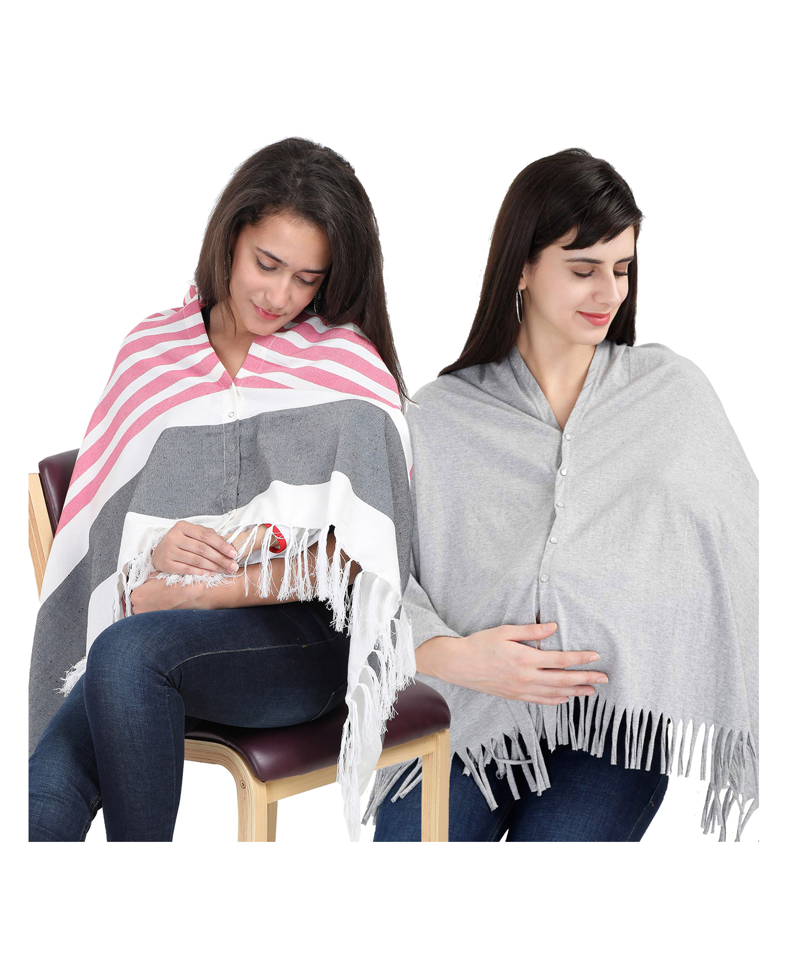 Lulamom Multi-Purpose Breast Feeding Nursing Shawl - Pack of 2 (Pink stripes & Grey melange solid)-picture-34