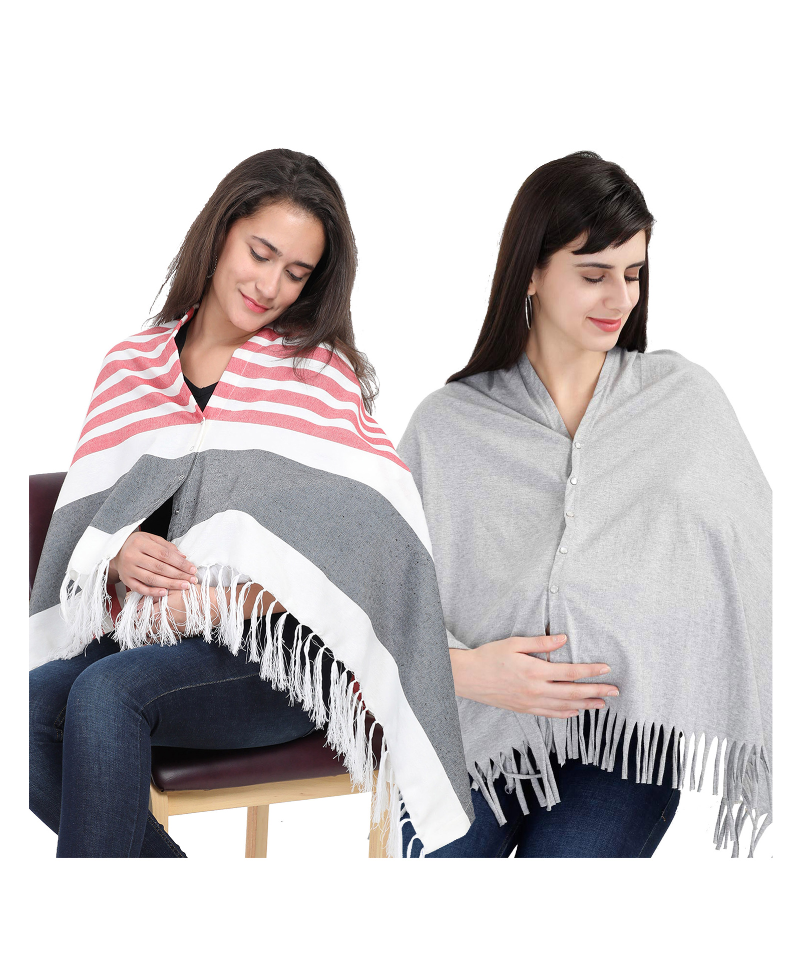 Lulamom Multi-Purpose Breast Feeding Nursing Shawl - Pack of 2 (Red stripes & Grey melange solid)-picture-15