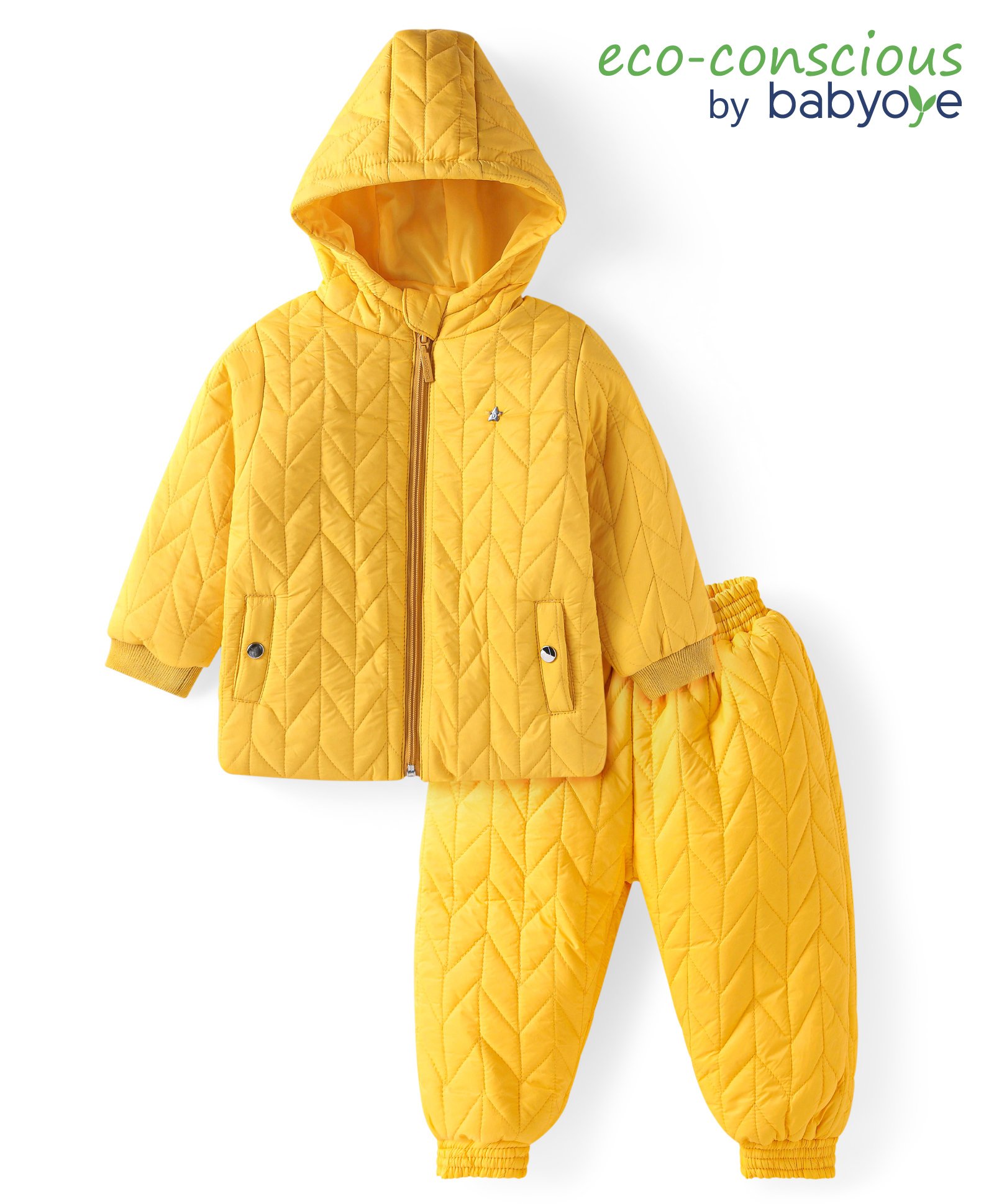 Babyoye Knit Quilted Full Sleeves Winter Wear Hooded Jacket & Jogger Set with Pocket Detailing - Yellow-image-6