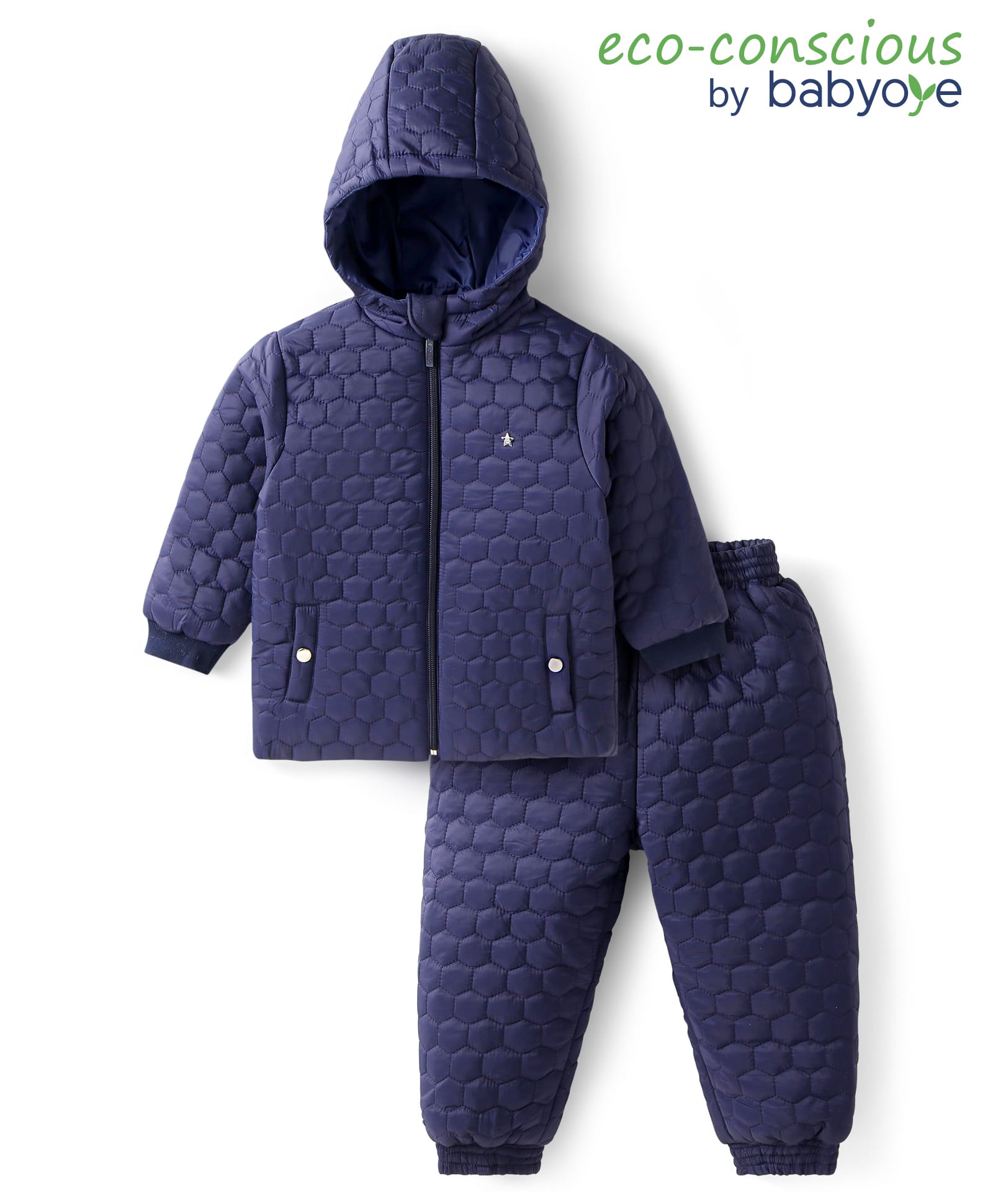 Babyoye KnitQuilted Full Sleeves Winter Wear Hooded Jacket & Jogger Set with Pocket Detailing- Navy Blue-image-41