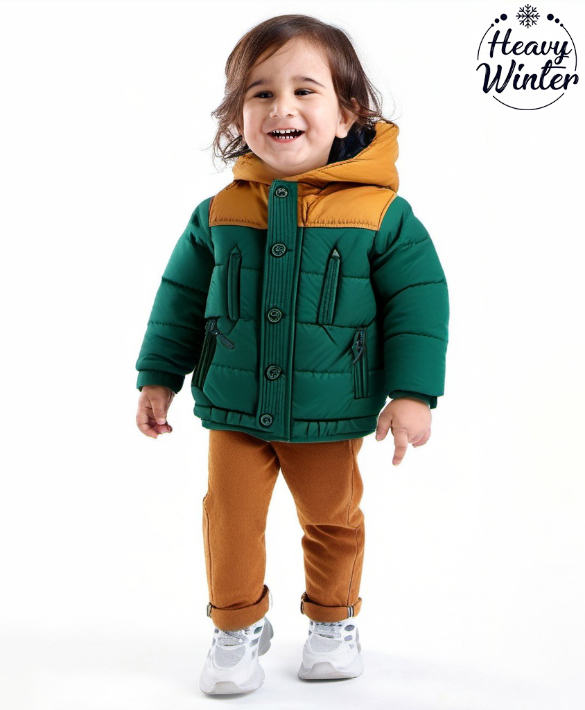 Babyoye Woven Full Sleeves Padded Quilted Jacket with Detachable Hood & Colour Block Design - Dark Green-image-30