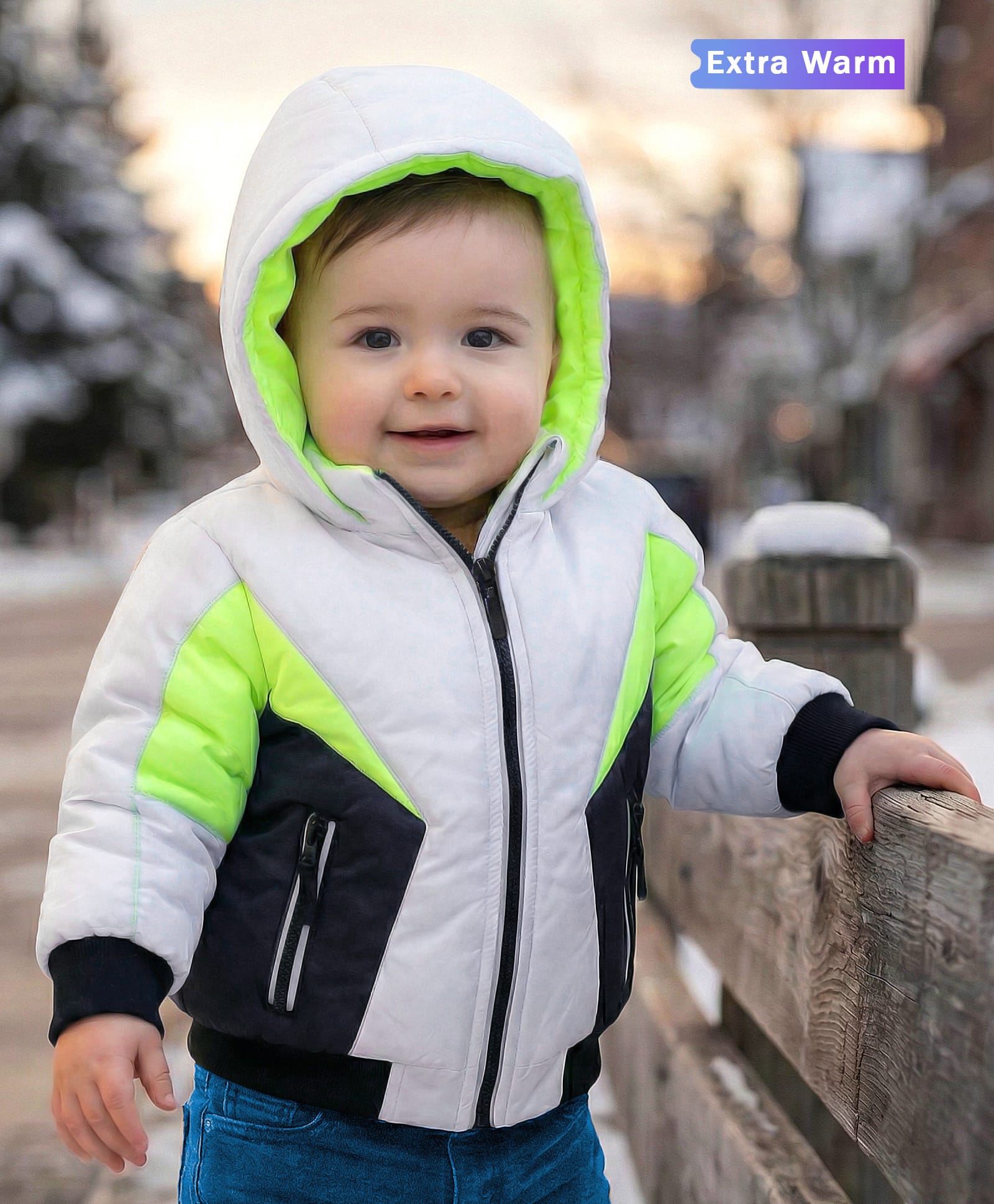 Babyoye Woven Full Sleeves Colour Block Hooded Padded Winter Jacket with Pocket - White & Neon Green-image-11