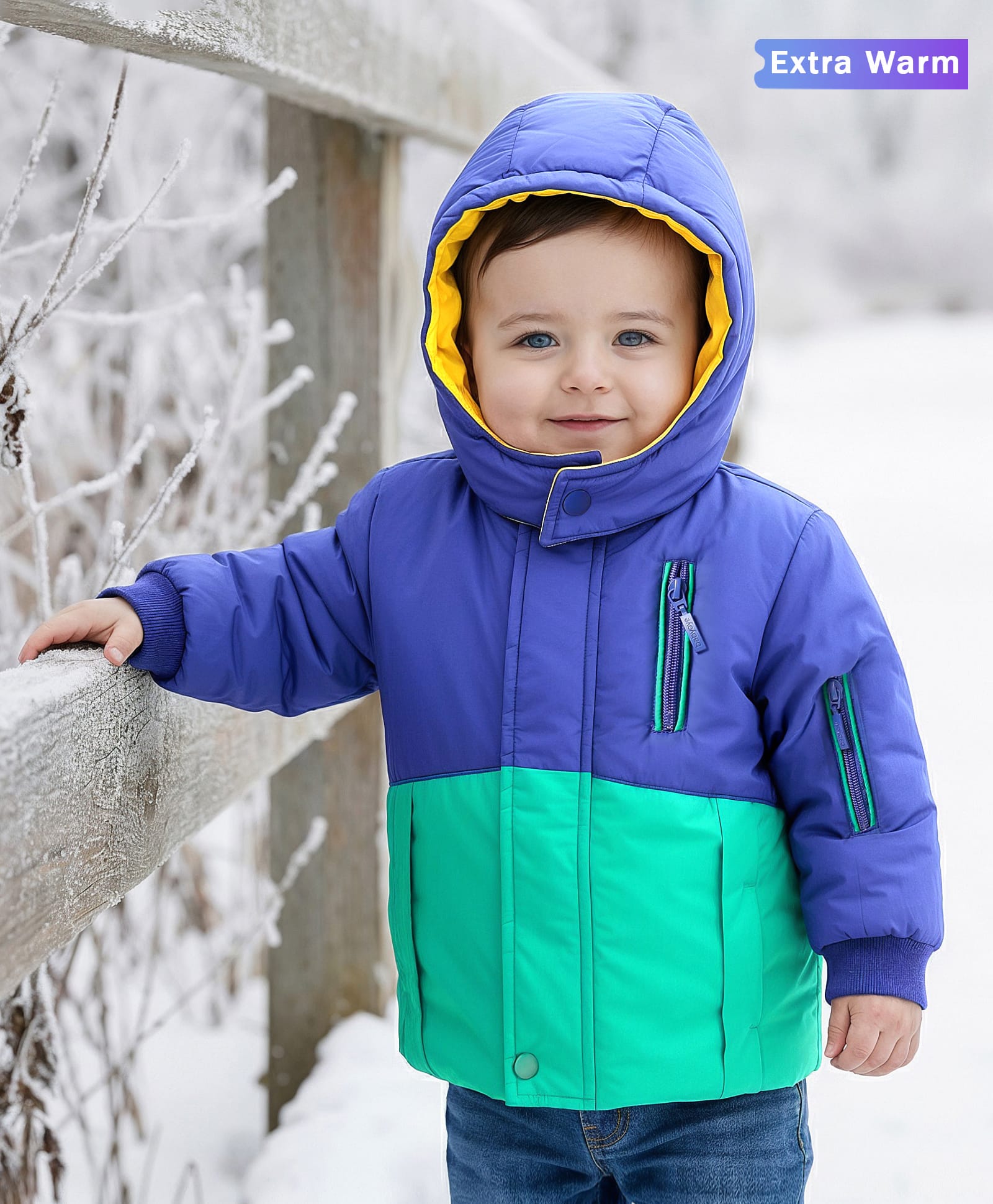 Babyoye Woven Full Sleeves Padded Hooded Jacket With Cut & Sew Design - Blue & Green-image-44