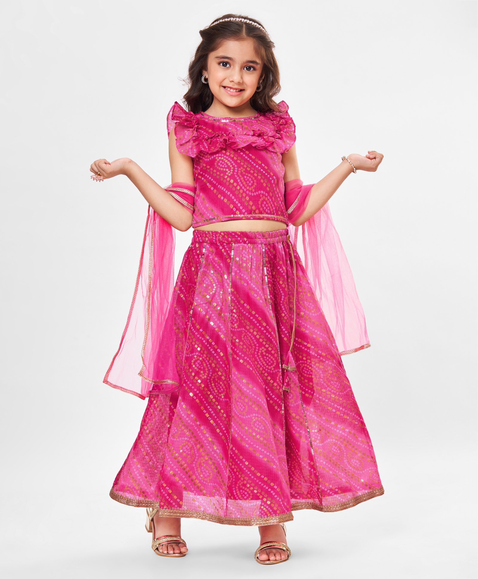 Babyhug Frill Sleeves Kota Bandhani Choli Lehenga & Dupatta Set with Sequin and Tassles Detailing -Fuschia-image-45
