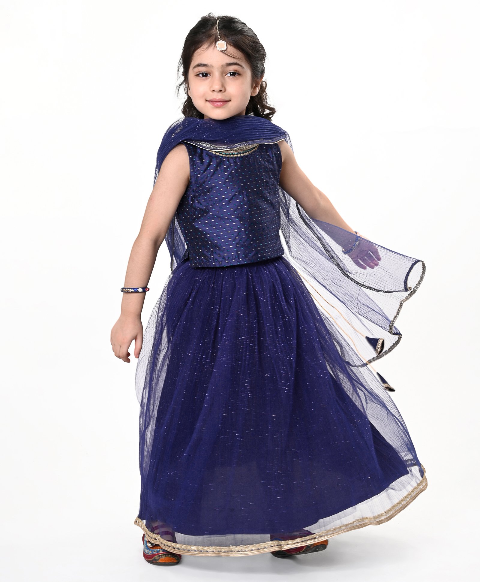 Babyhug Dobby Sleeveless Embroidered Choli With Shimmer Lehenga & Dupatta Set - Navy Blue-picture-10