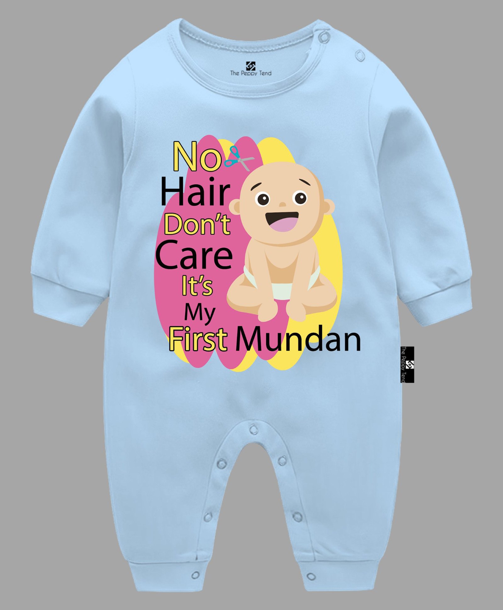 The Peppy Tend Full Sleeves No Hair Dont Care Its My First Mundan Text Printed Cotton  Romper -  Blue-image-28