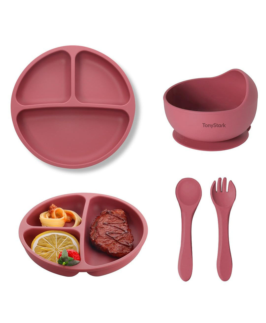 TONY STARK 4 Pcs Silicone Baby Feeding Set, BPA Free & Microwave Safe Dinner Tableware Kit - Feeding Bowl, Suction Plate, Spoon, Fork for Kids, Toddler (Dusty Pink)-image-33