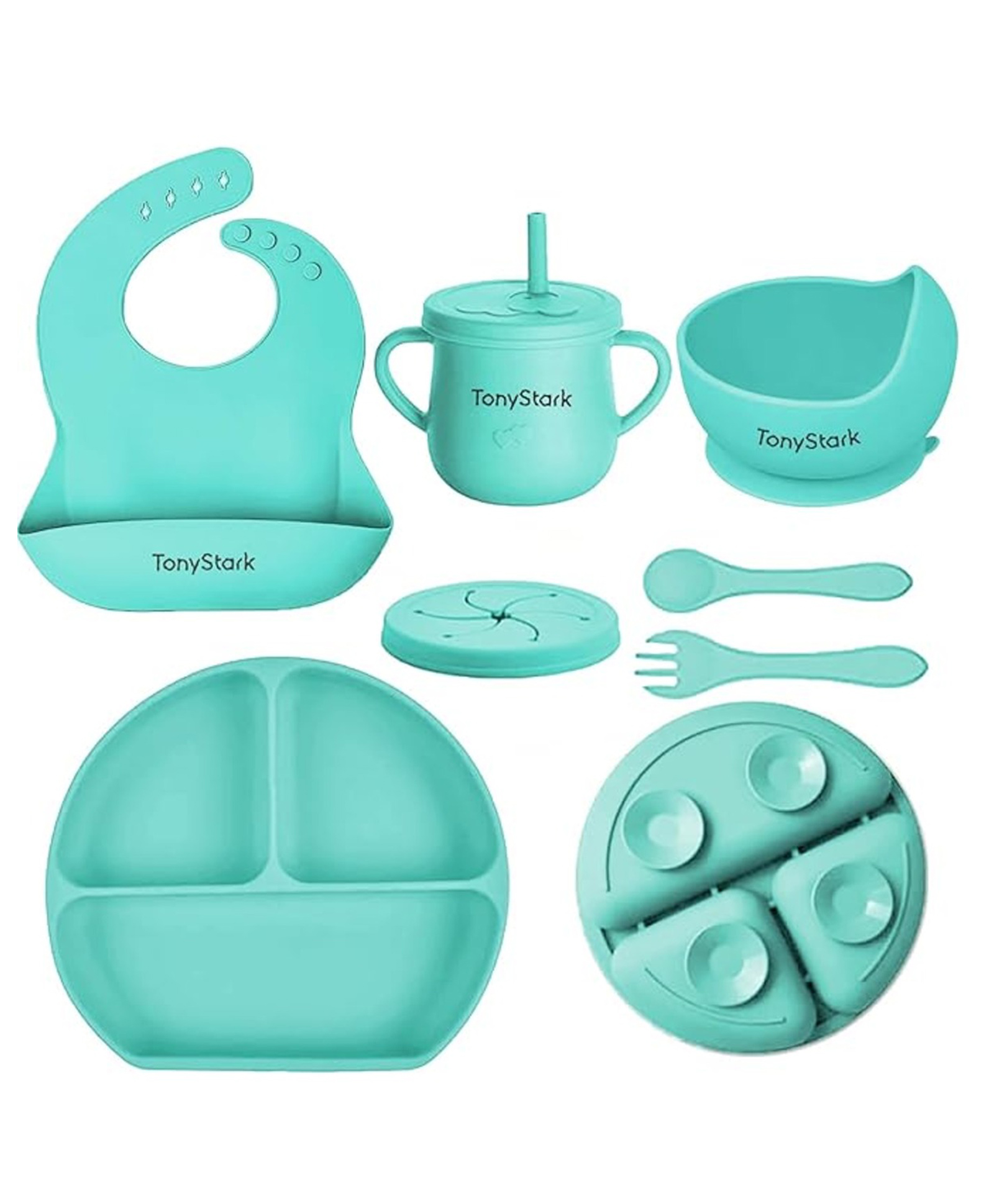 TONY STARK 6 Pcs Silicone Baby Feeding Set, BPA Free & Microwave Safe Dinner Tableware Kit - Feeding Bowl, Suction Plate, Cup, Spoon, Fork & Bib for Kids, Toddler (Green)-image-38