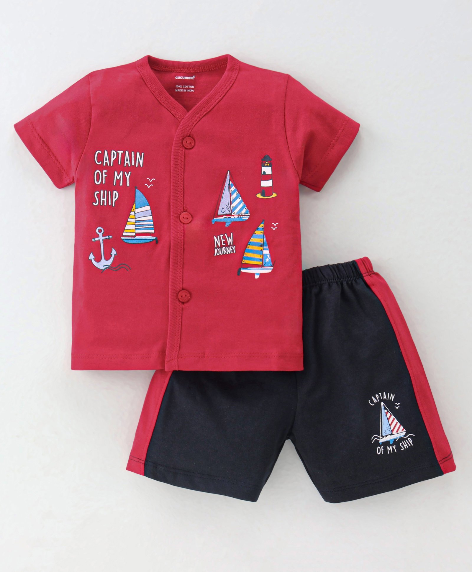 Cucumber Sinker Half Sleeves Night Suit Boat Print - Red-image-30