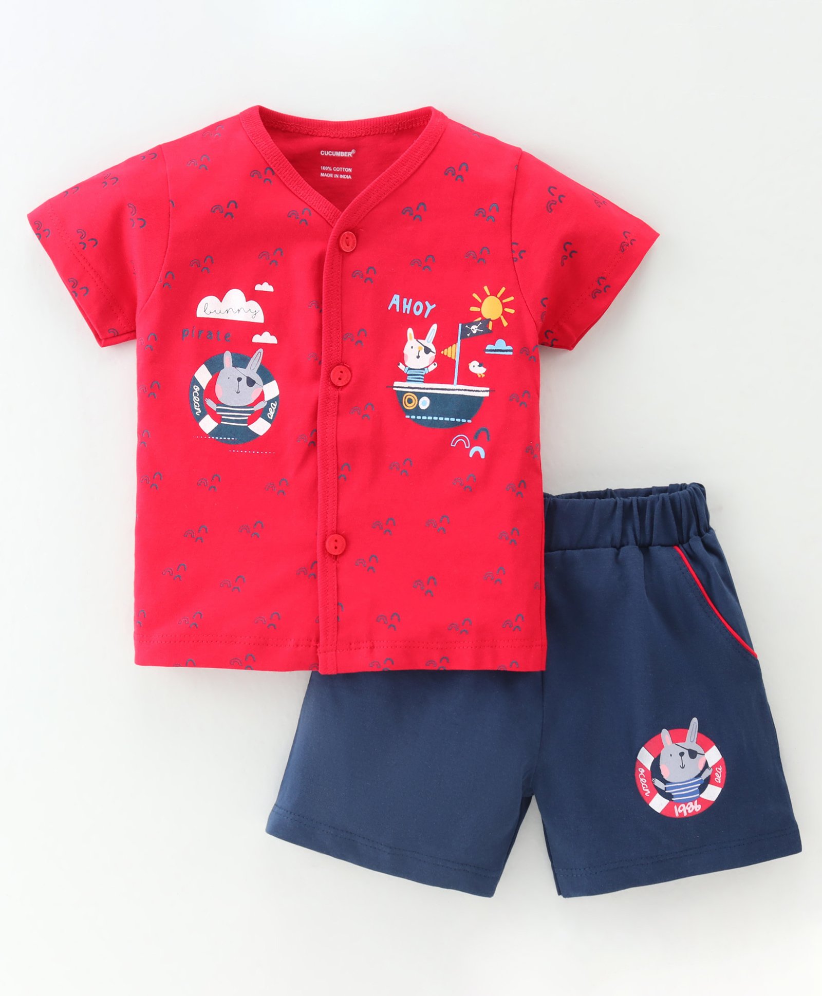 Cucumber Sinker Half Sleeves Night Suit Boat Print - Red-picture-30