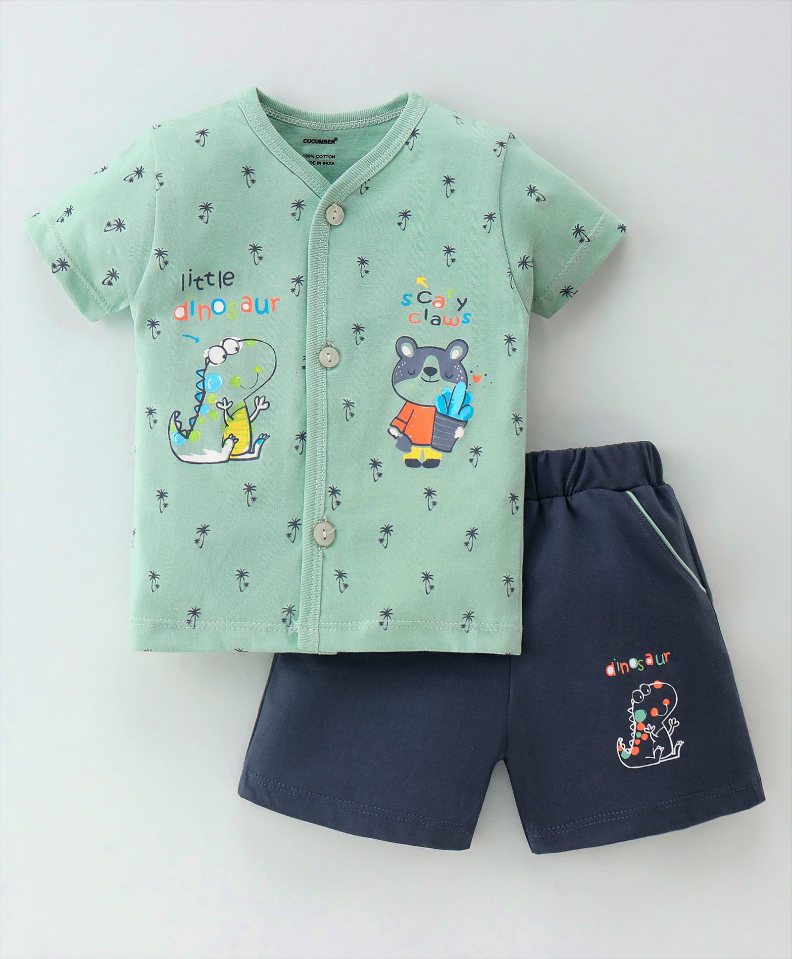 CUCUMBER Sinker Half Sleeves Night Suit Palm Tree Print - Green-picture-12