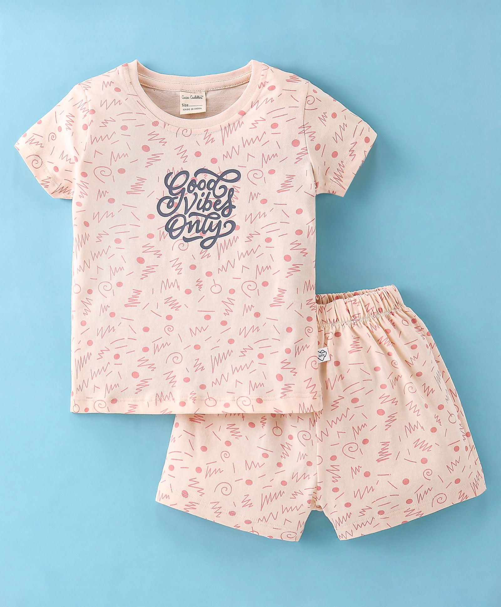 CUCUMBER Sinker Half Sleeves Night Suit Text Print - Peach-image-39