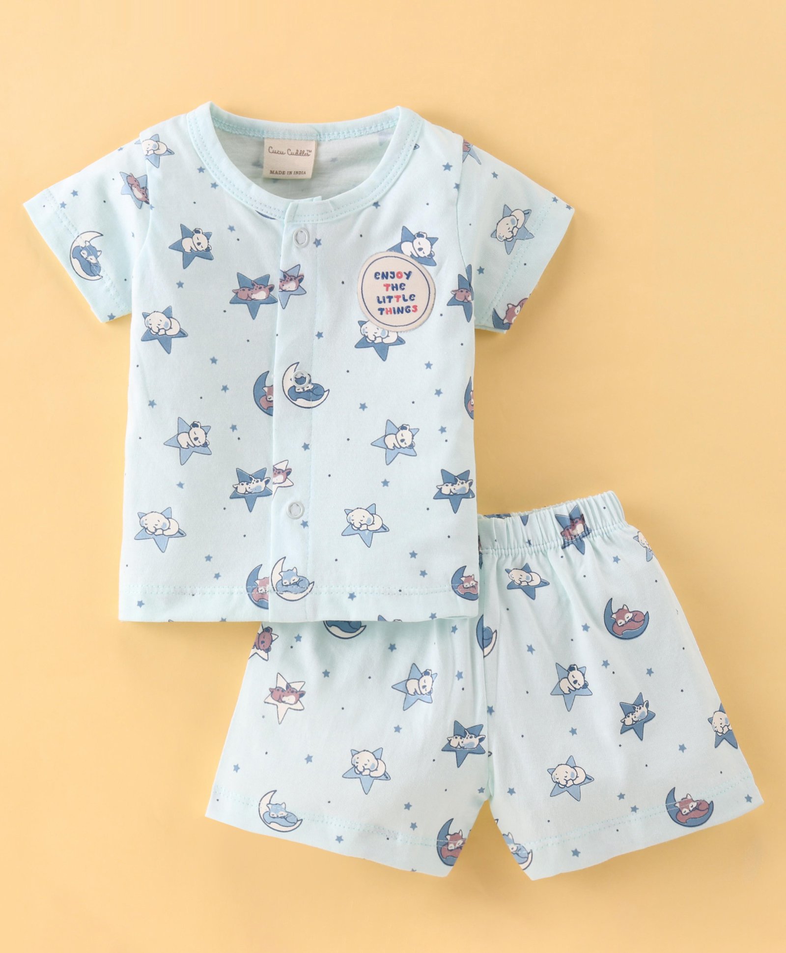 CUCUMBER Sinker Knit Half Sleeves Night Suit Radio Print - Light Blue-picture-31