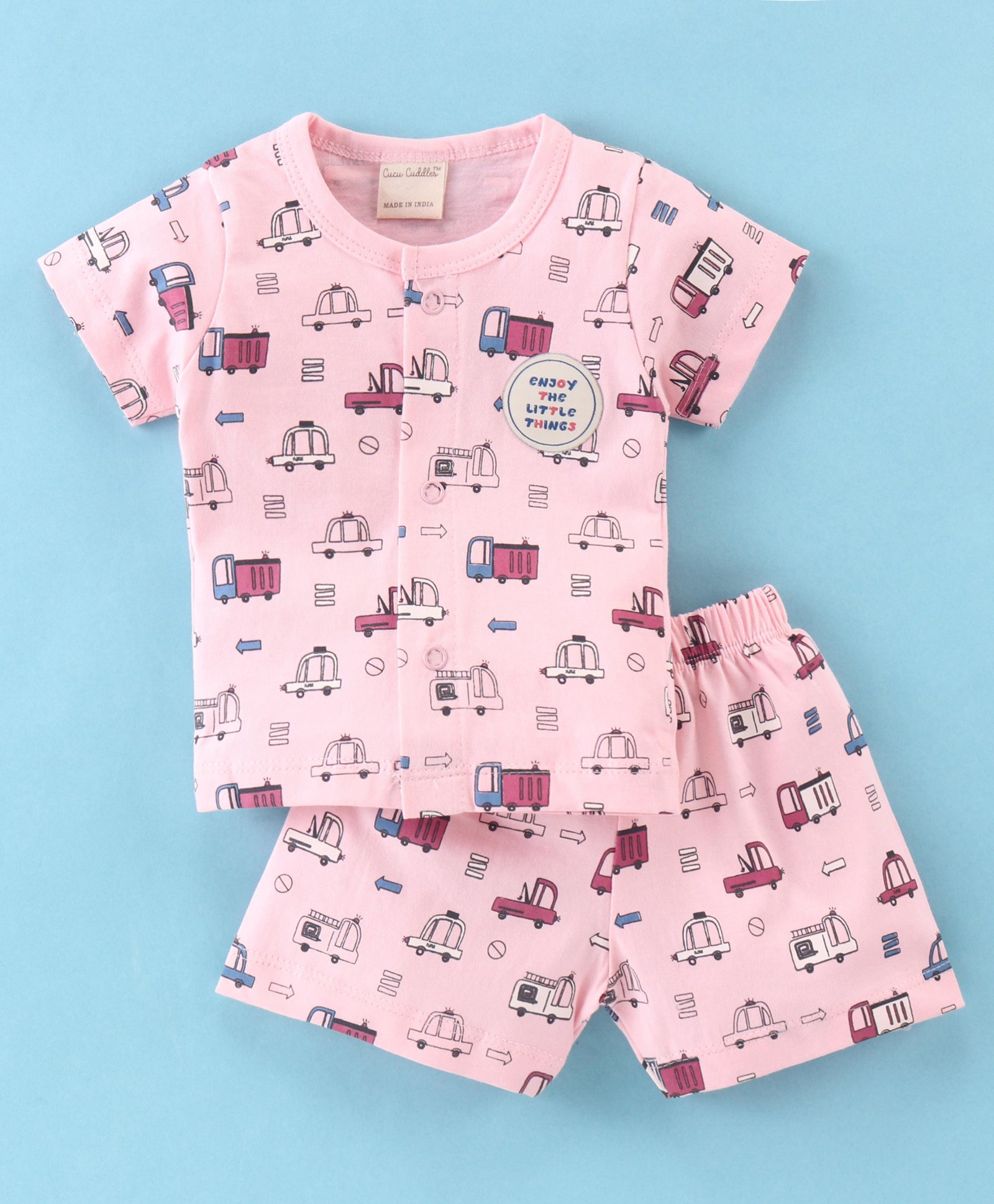 Cucumber Sinker Half Sleeves Night Suit Vehicle Print - Pink-picture-35