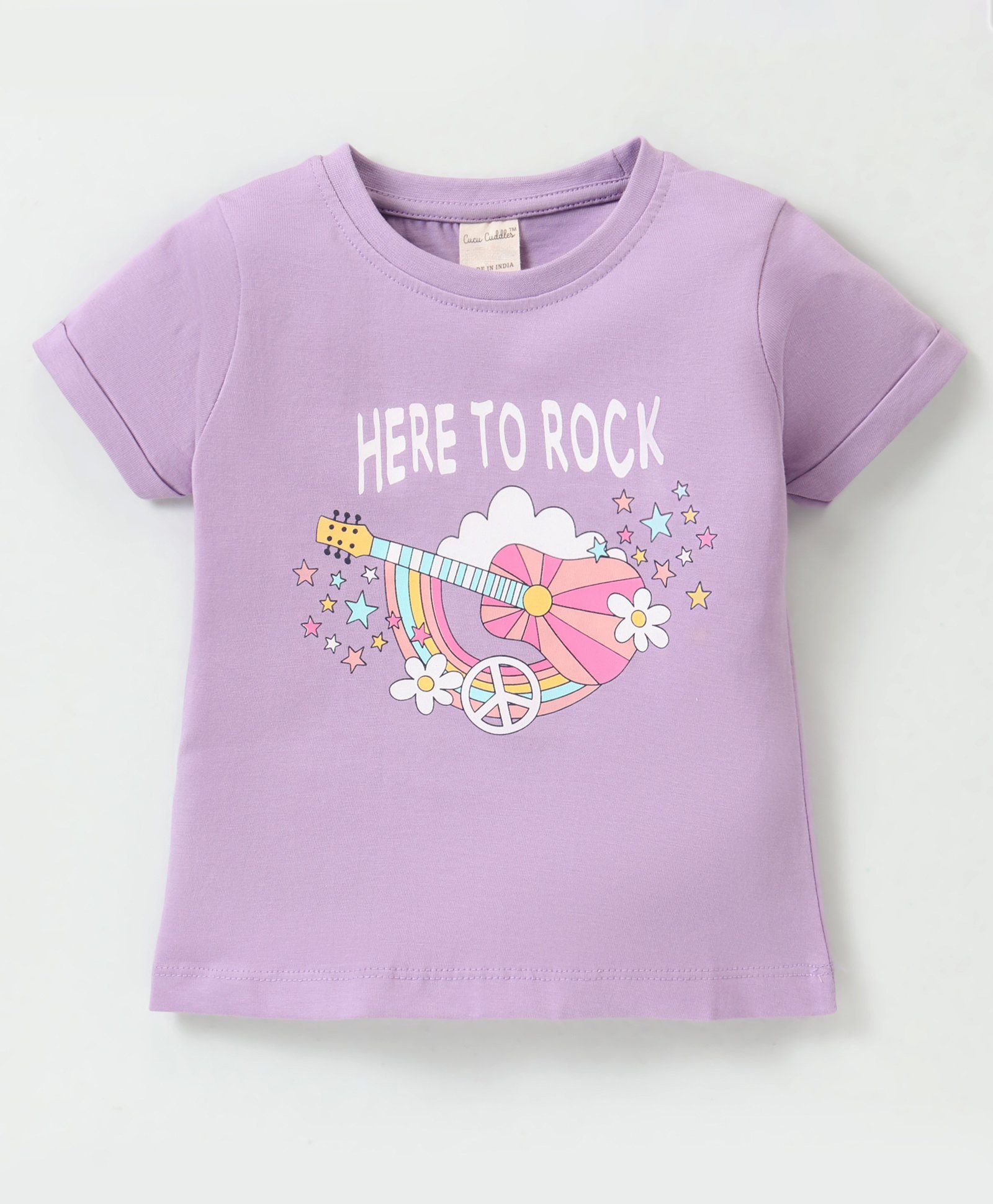 CUCUMBER Sinker Knit Half Sleeves T-Shirt with Text & Guitar Print - Violet-picture-25