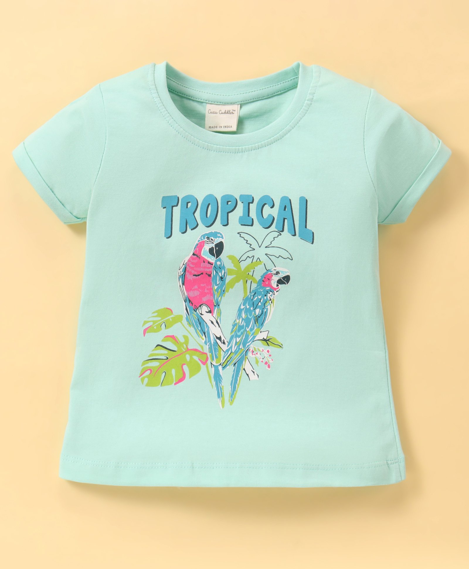 CUCUMBER Sinker Knit Half Sleeves T-Shirt with Text & Parrot Print - Green-picture-18