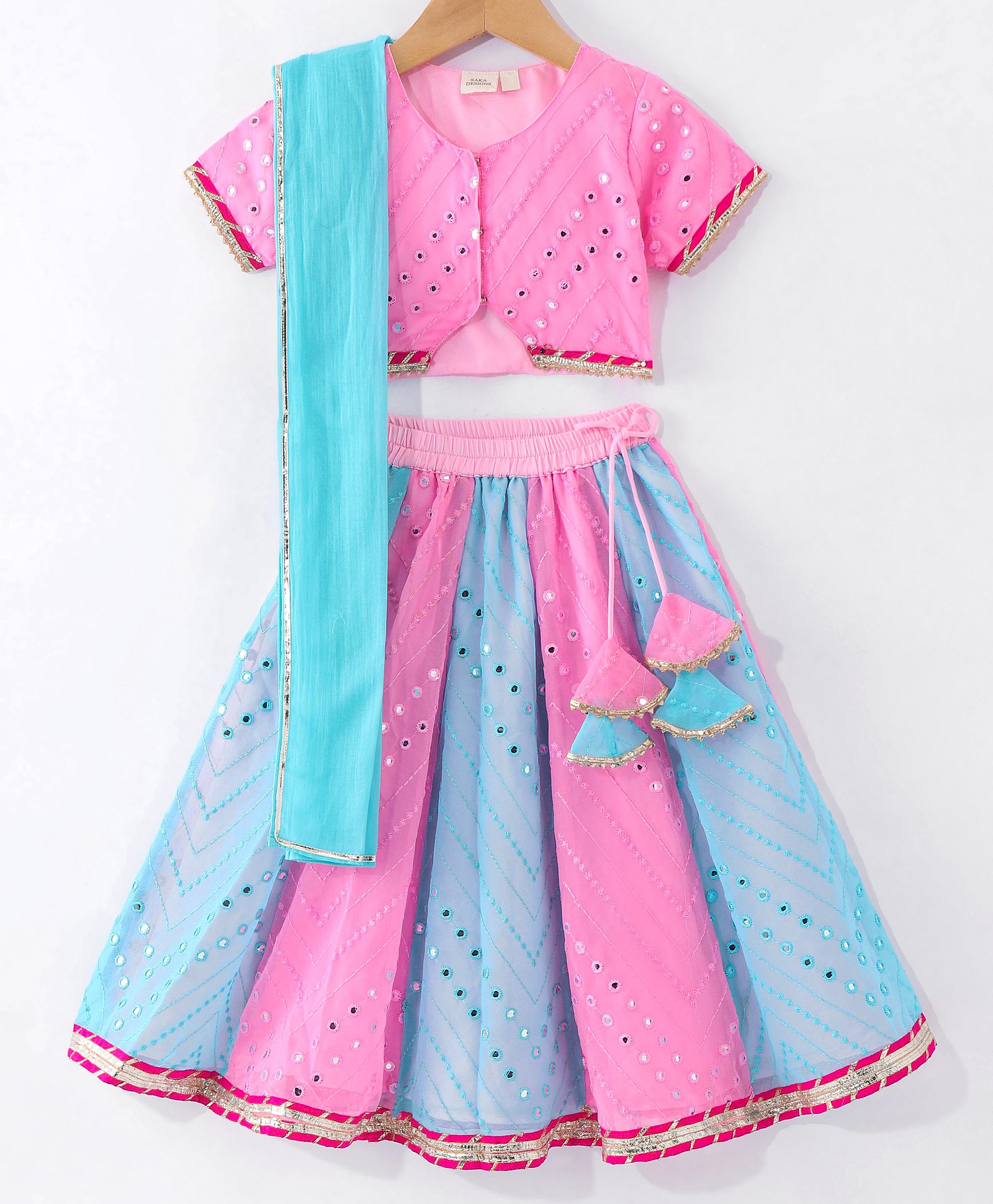 Saka Designs Georgette Half Sleeves Embroidered Choli Lehenga Set with Dupatta - Pink & Blue-picture-24