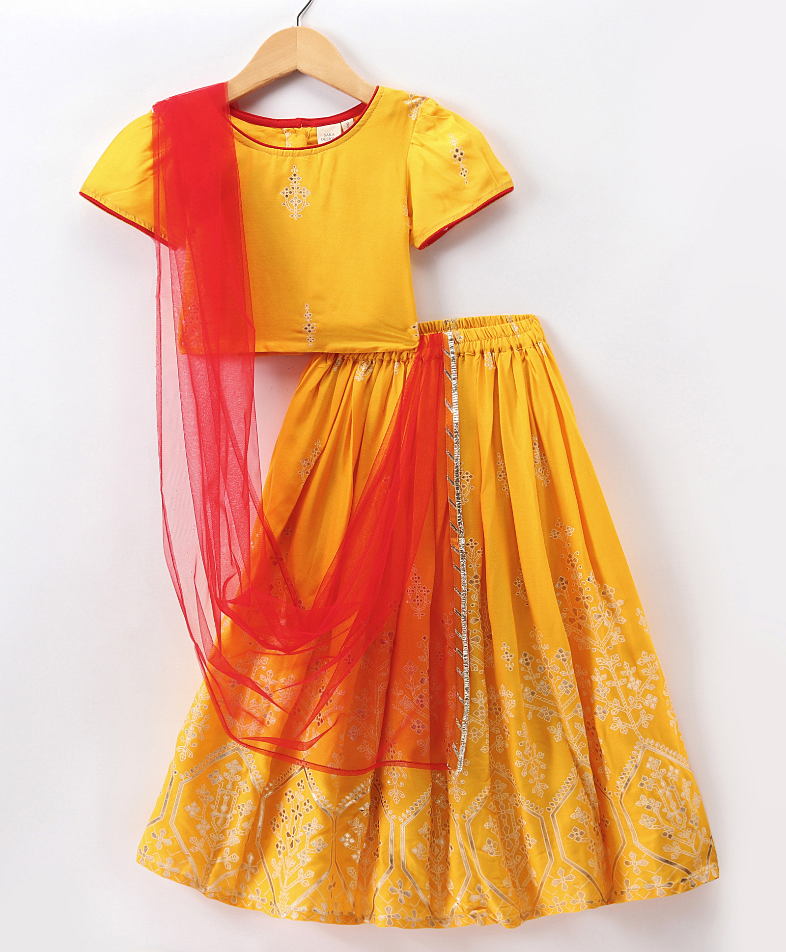 Saka Designs Cotton Rayon Woven Half Sleeves Embroidered Choli Lehenga Set with Dupatta -  Yellow & Red-image-38