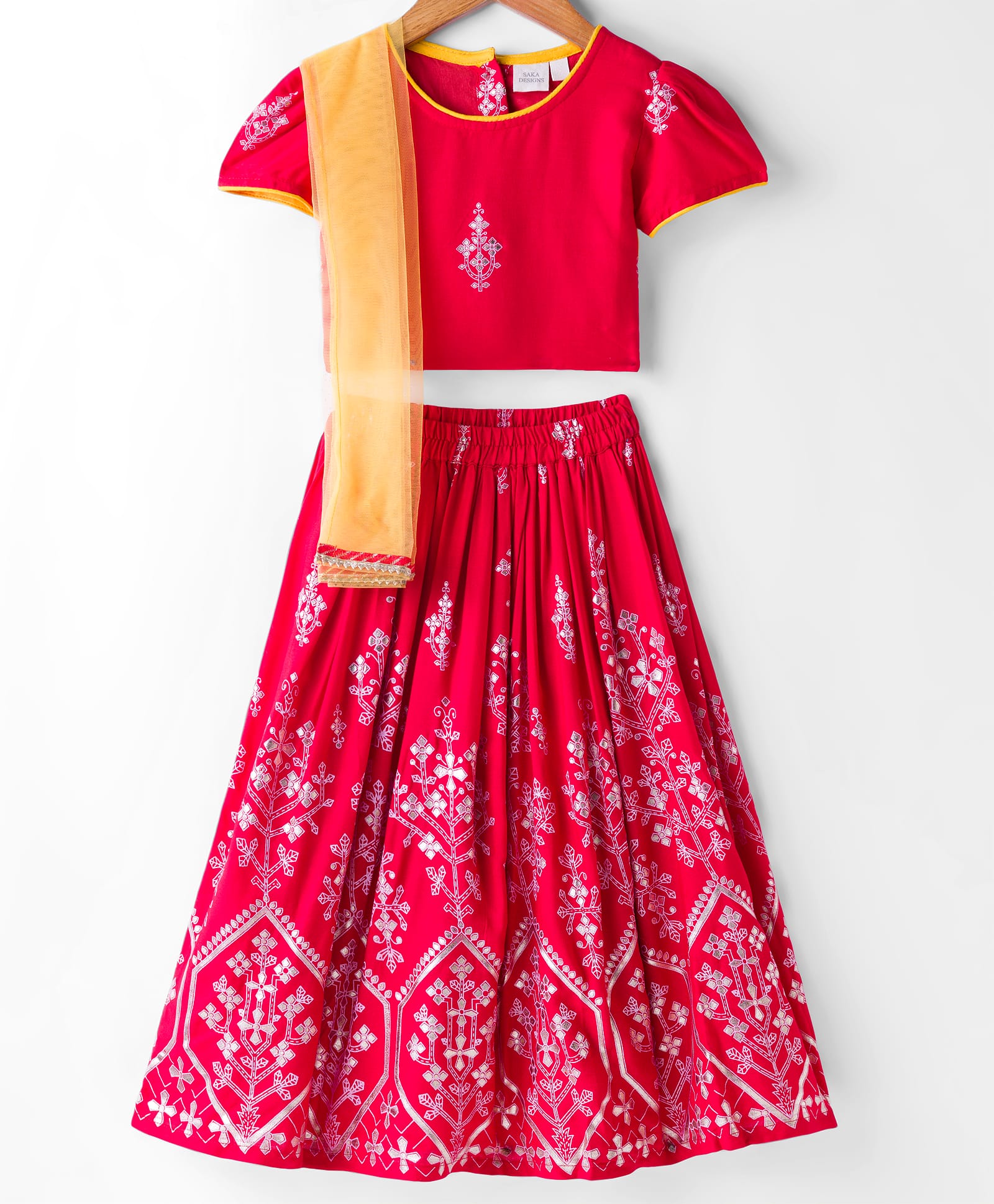 Saka Designs Woven Half Sleeves Choli Lehenga Set with Dupatta & Floral Glitter Print - Red-picture-23