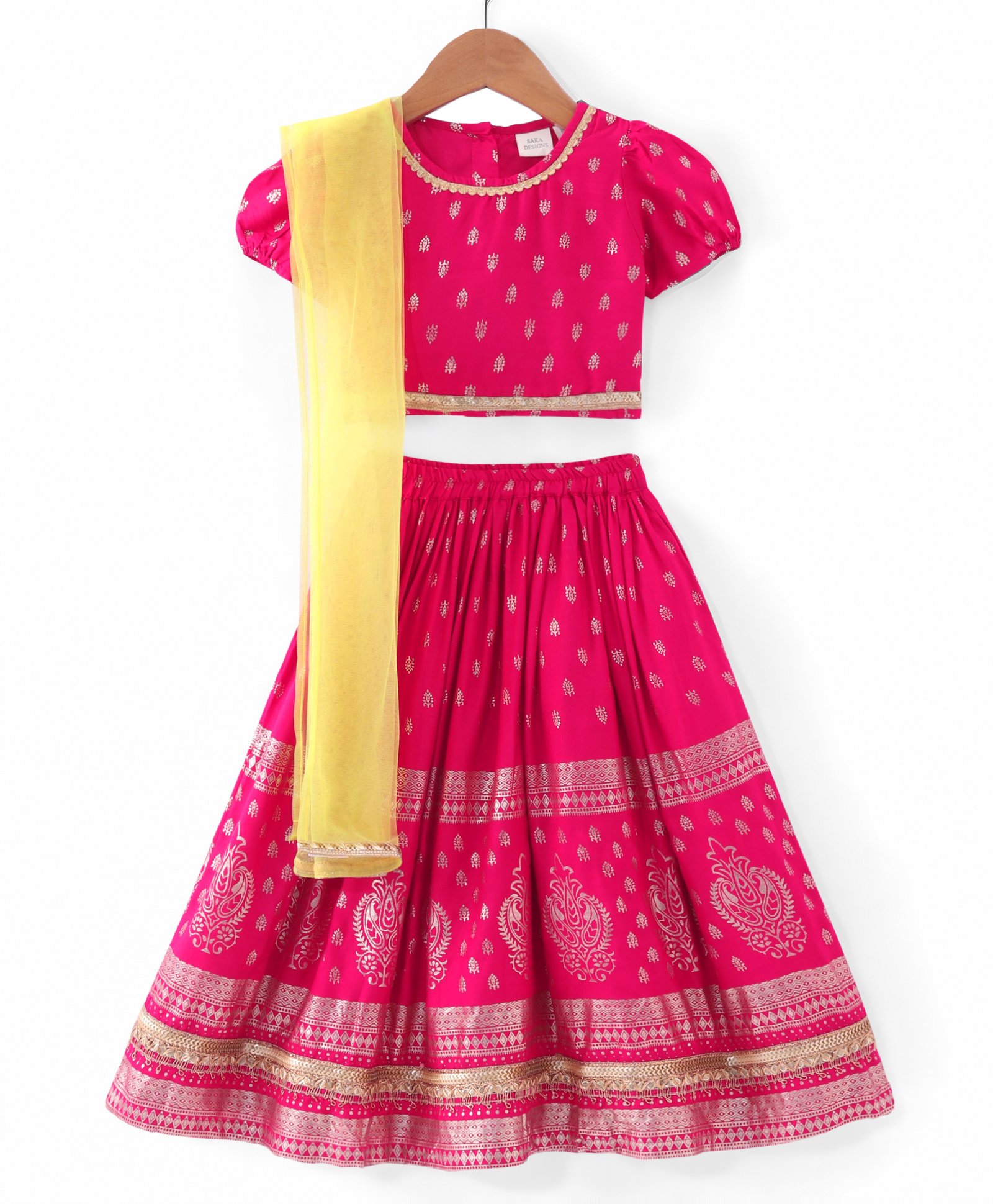 Saka Designs Male Cotton Rayon Half sleeves Lehenga Choli MAGENTA & YELLOW 12-24m-image-10