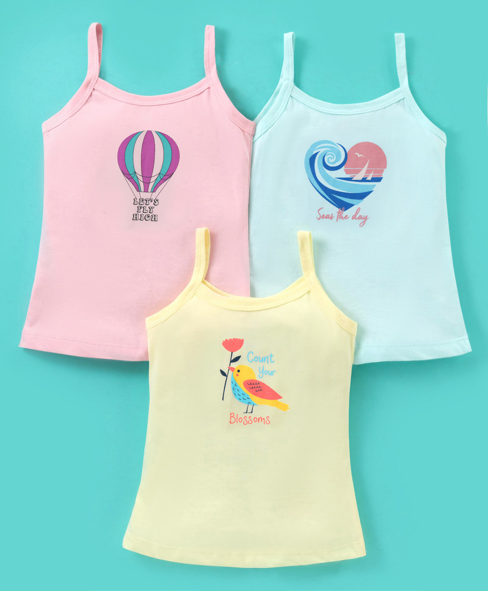 Revvo Junior Cotton Knit Sleeveless Slips Palm Tree & Text Print Pack of 3 - Blue Yellow & Pink-image-22