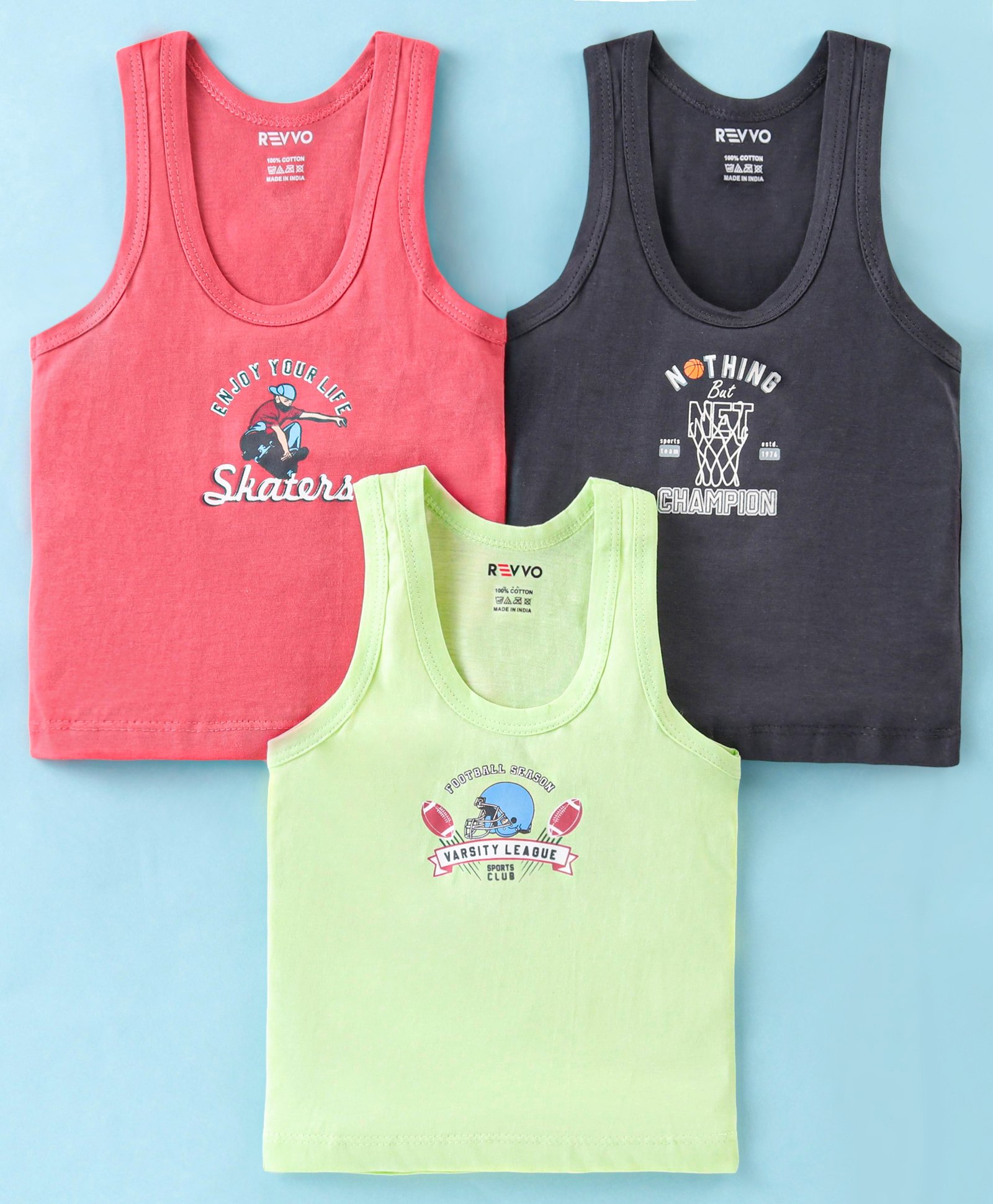 Revvo Junior Cotton Knit Sleeveless Set of Vests Football Print Pack of 3 - Black Green & Pink-image-21