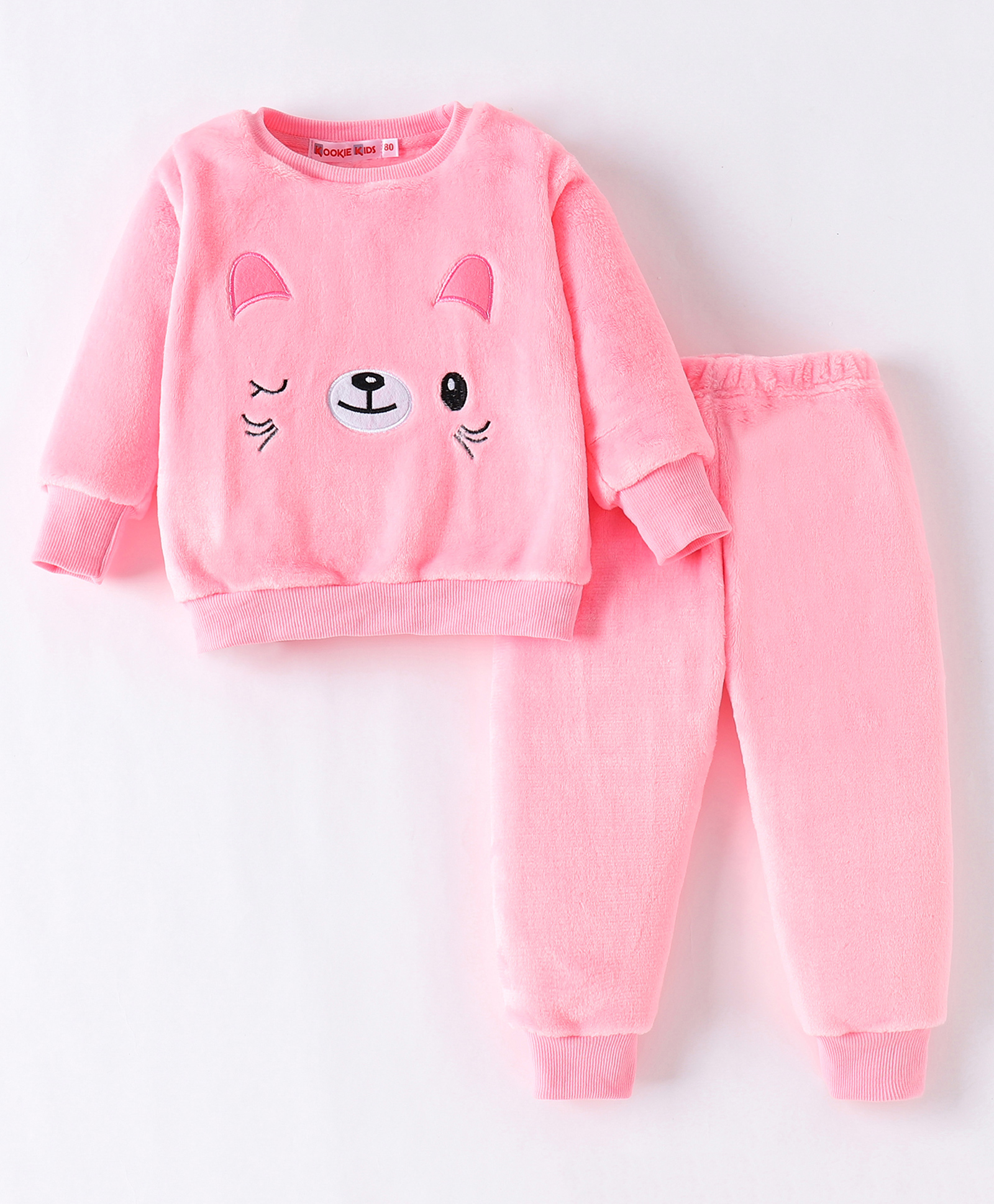 Kookie Kids Full Sleeves T-Shirt & Lounge Pants Set With Cute Face Applique - Pink-image-14