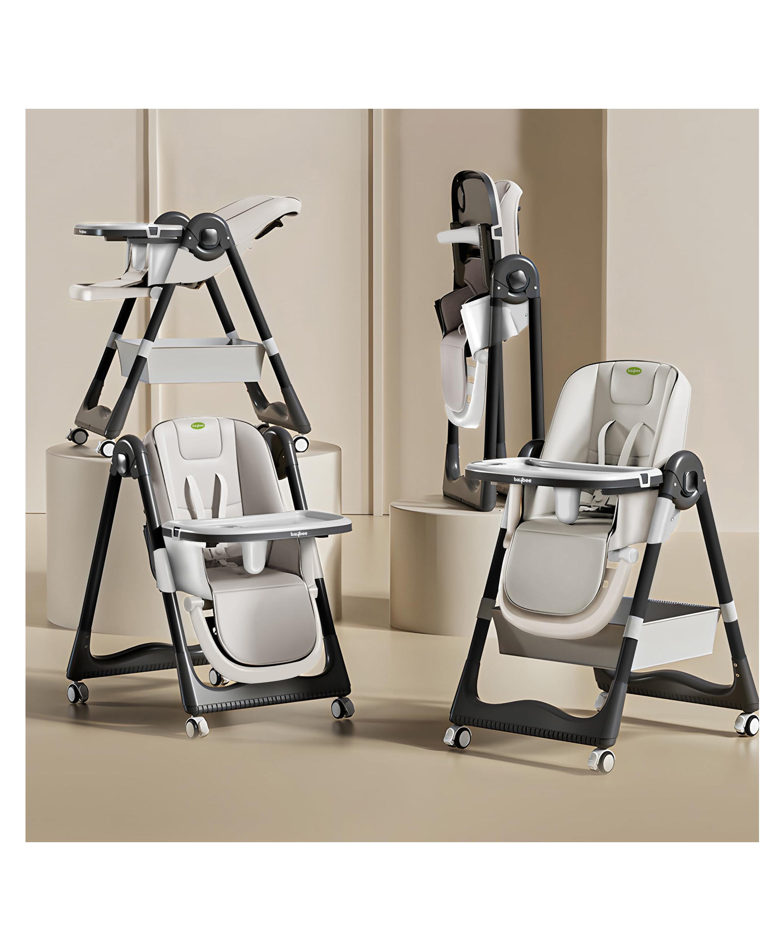 Baybee 3 in 1 Baby High Chair for Kids, Baby Feeding Chair with 8 Height Adjustable, Footrest, Tray, 160° Recline, 5 Point Safety Belt & Wheels (White)-picture-14