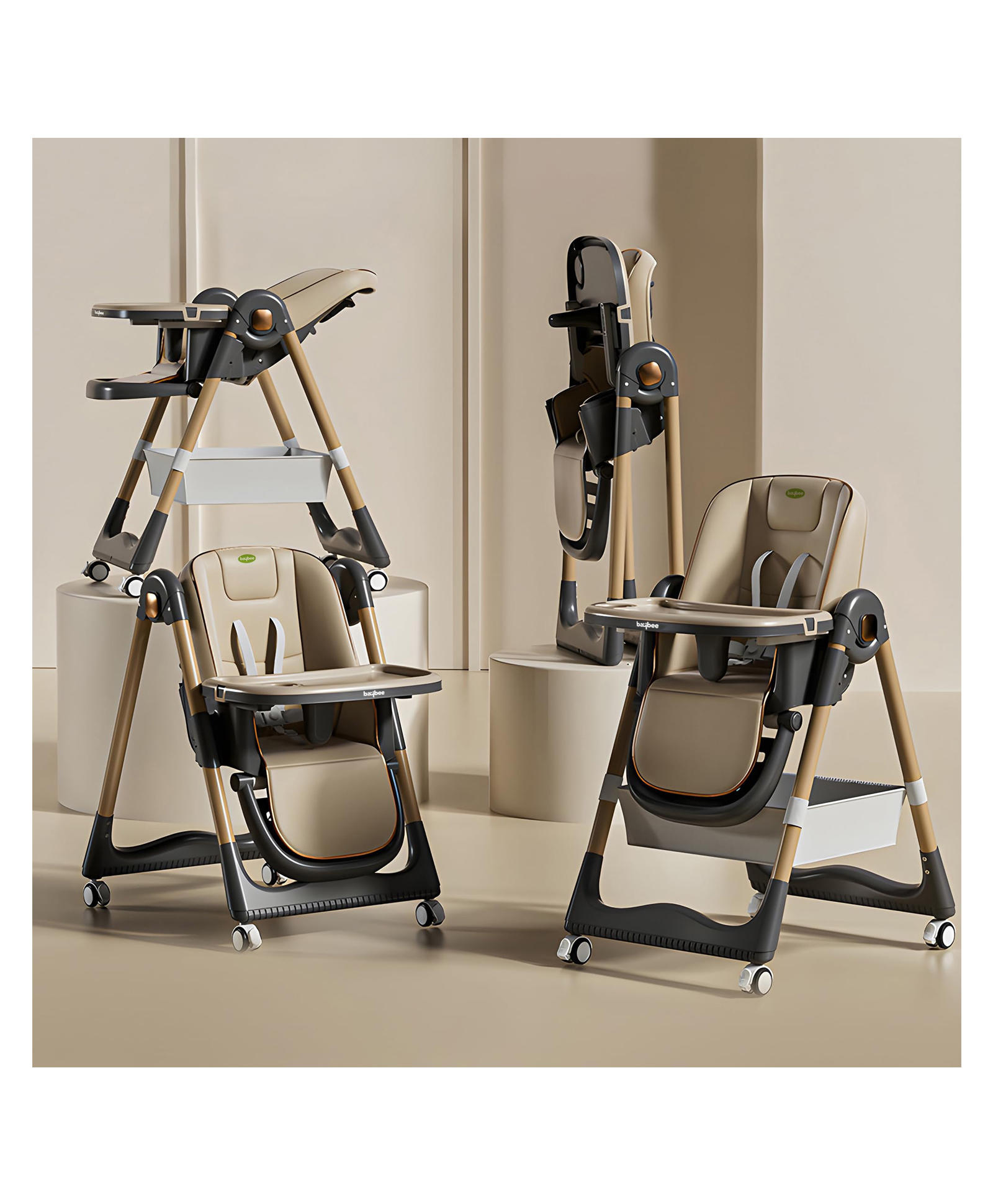 Baybee 3 in 1 Baby High Chair for Kids, Baby Feeding Chair with 8 Height Adjustable, Footrest, Tray, 160° Recline, 5 Point Safety Belt & Wheels (Brown)-picture-15