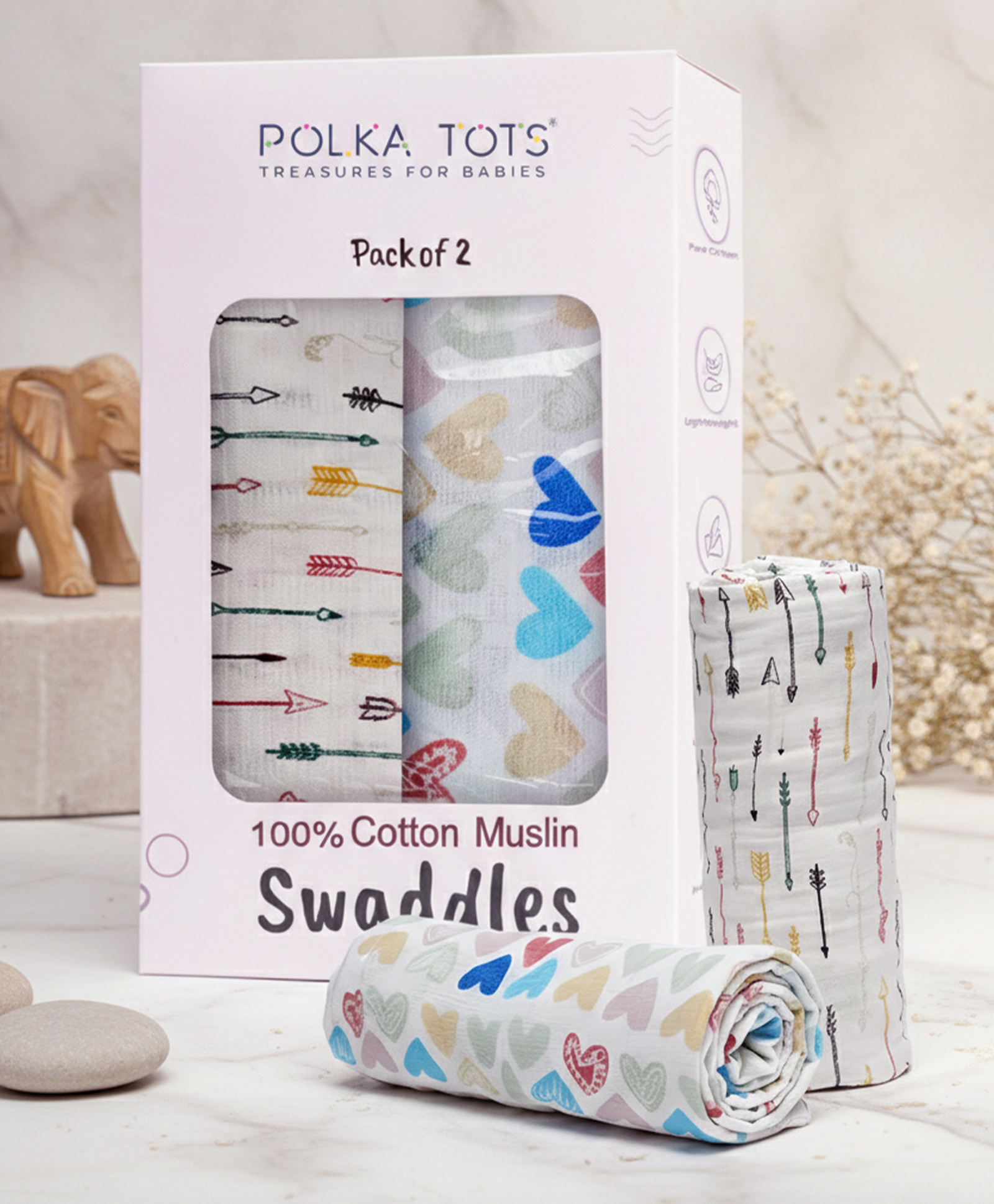 Polka Tots Muslin Cotton Swaddles - White - Mini Hearts & Cupid - Pack Of 2 Swaddles-image-46