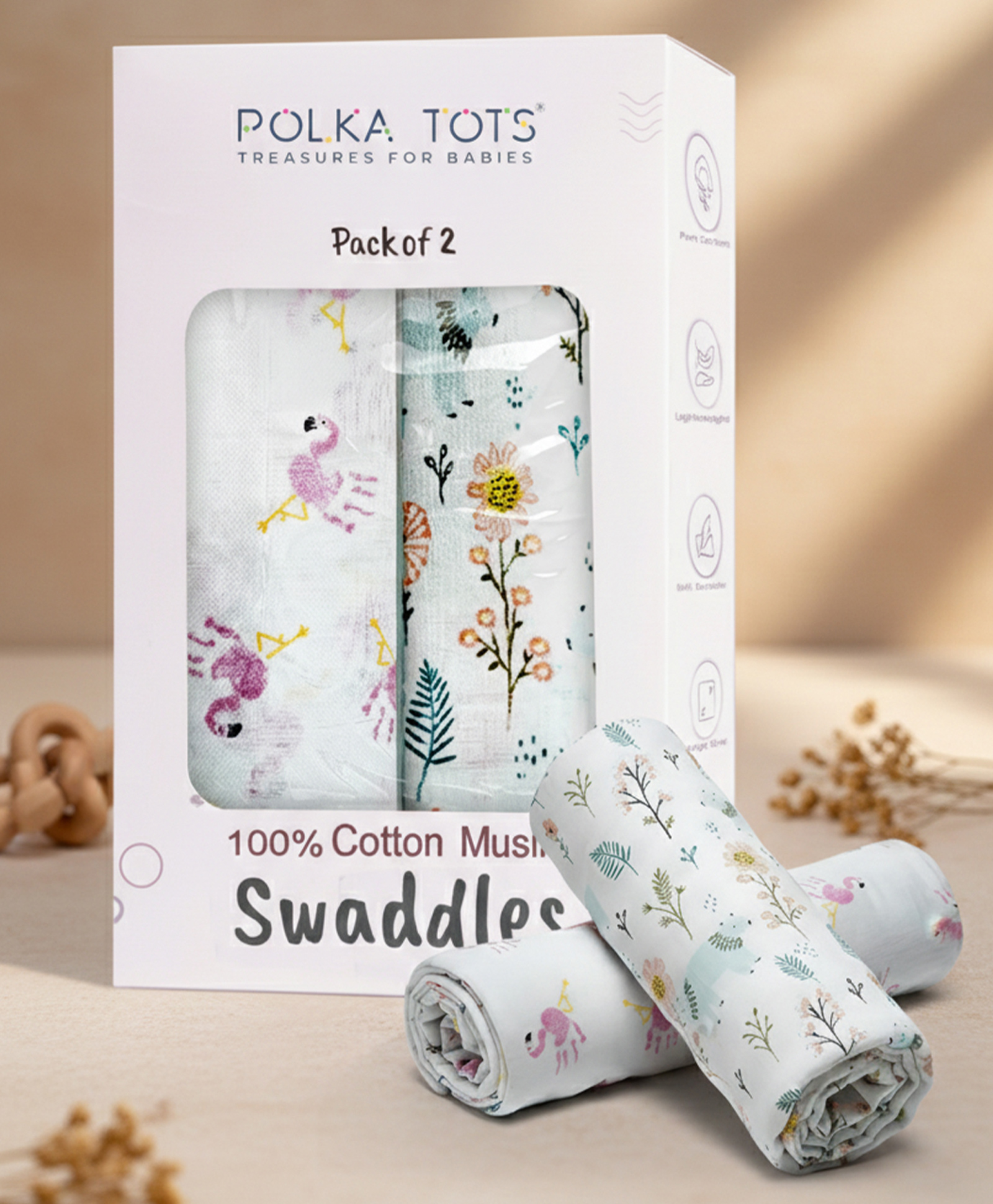 Polka Tots Muslin Cotton Swaddles - White - Flamingo Fingers & Bloomy Bear - Pack Of 2 Swaddles-image-19