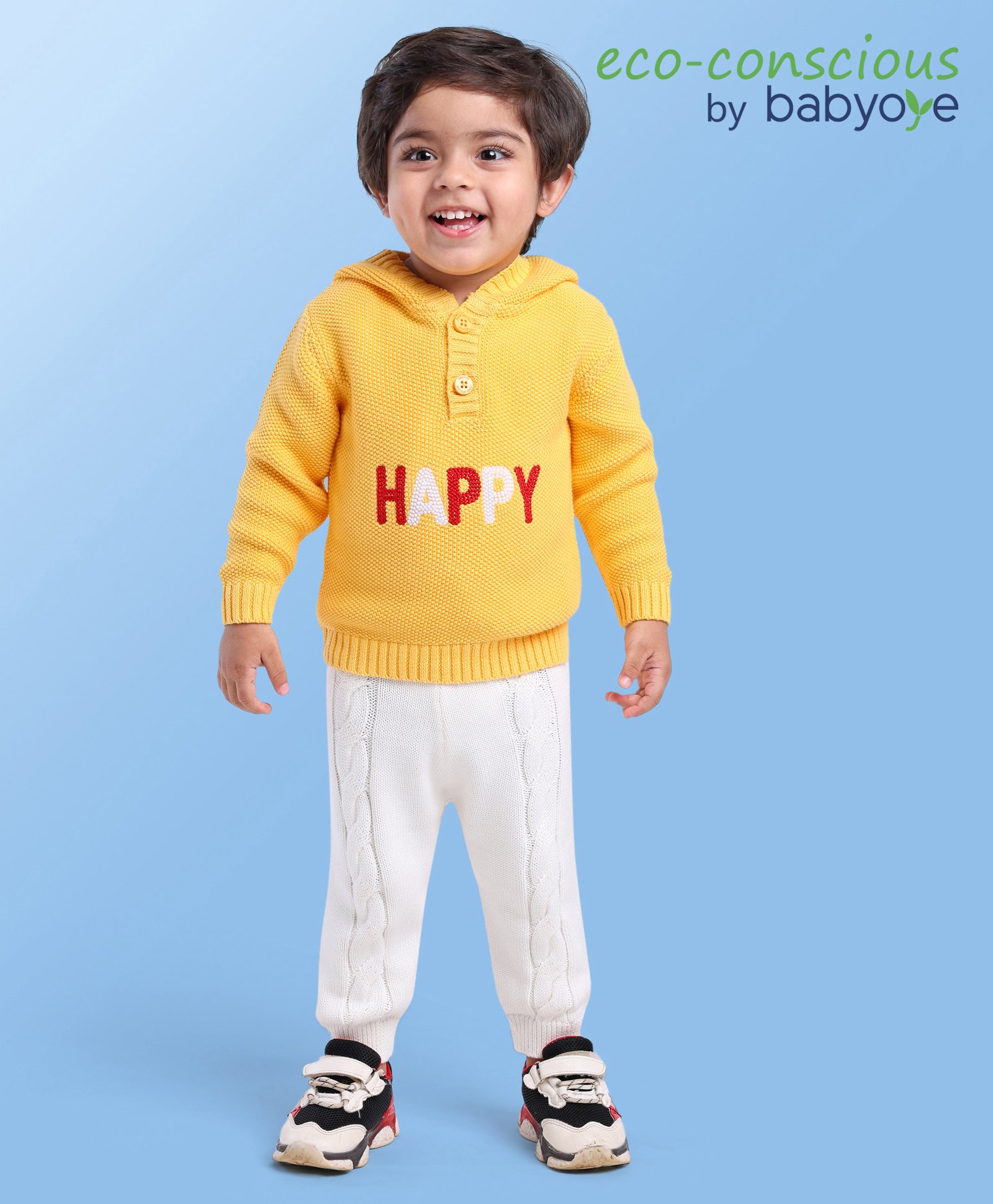 Babyoye 100% Cotton Knit Full SleevesTextured Hooded Sweater Set with Text Design- Yellow-picture-24