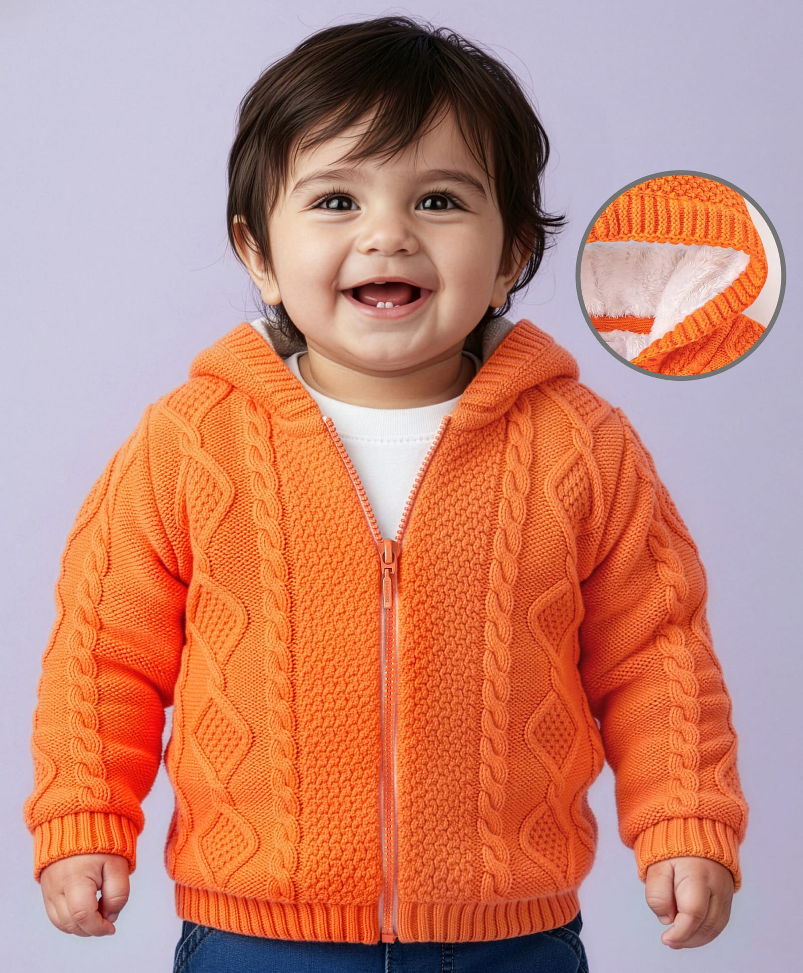 Babyoye 100% Cotton Knit Full Sleeves Front Open Hooded Sweaters with Cable Knit Design - Orange-picture-30