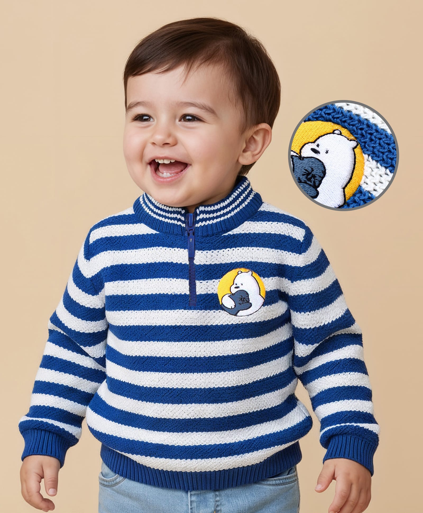 Babyoye 100% Cotton Knit Full Sleeves Striped Pullover Sweater with Snow Bear Design - Blue & White-image-24