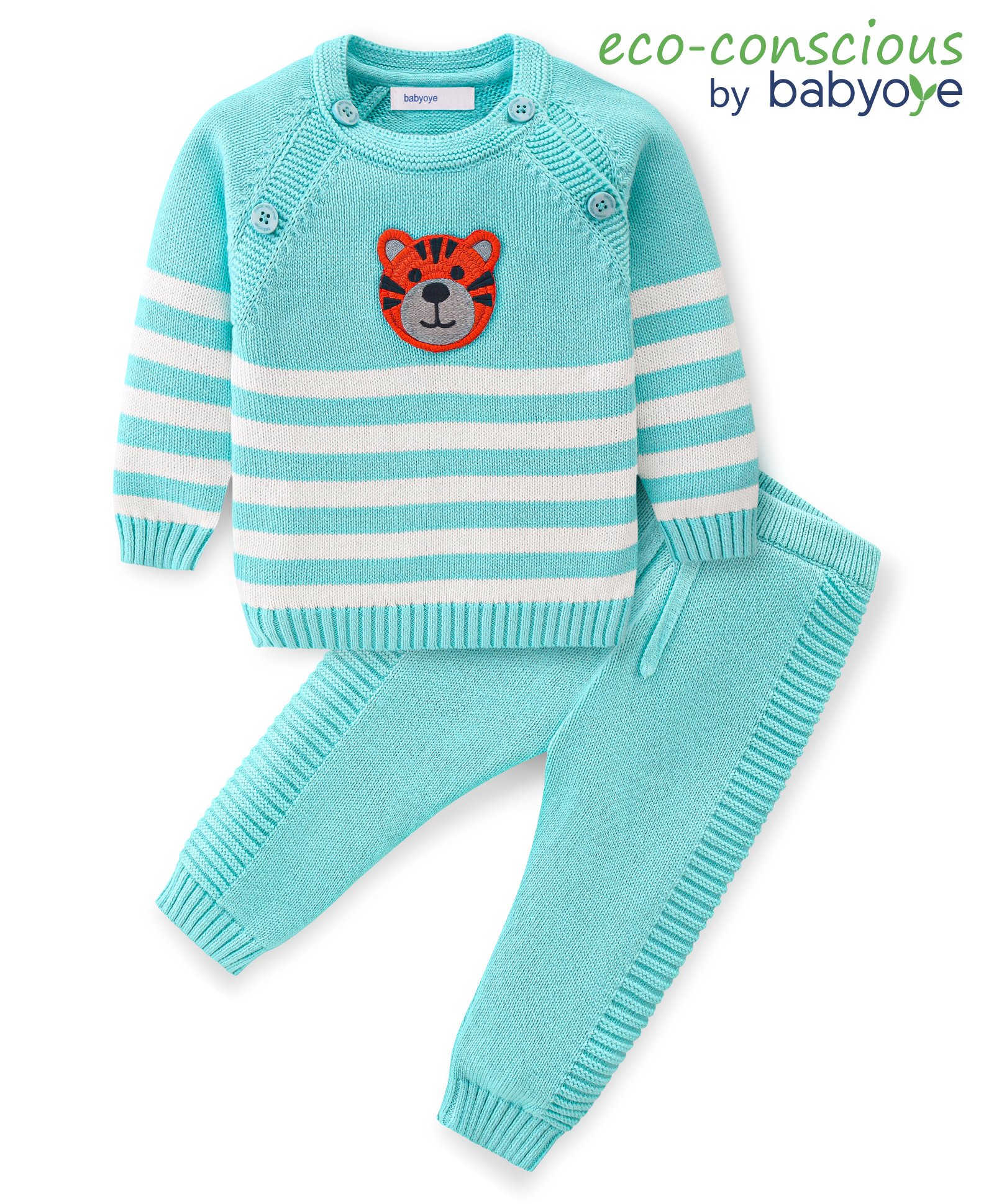 Babyoye 100% Cotton Knit Full Raglan Sleeves Striped Sweater Set with Tiger Embroidery - Blue-picture-23