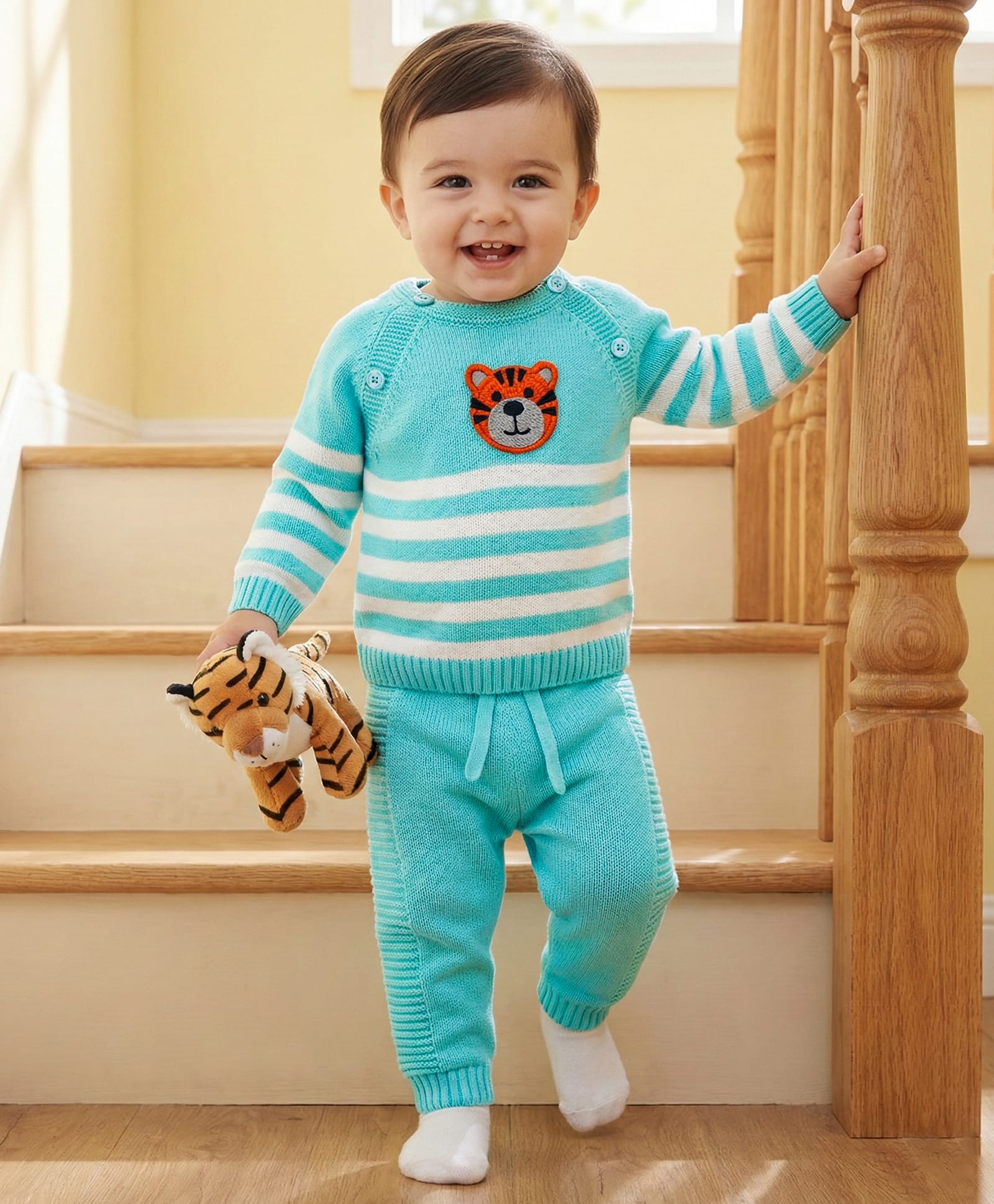Babyoye 100% Cotton Knit Full Raglan Sleeves Striped Sweater Set with Tiger Embroidery - Blue-image-3