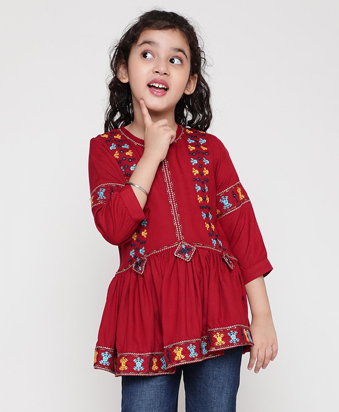 ISHTI Three Fourth Sleeves Mirror Work & Floral Embroidered Top - Maroon-picture-34