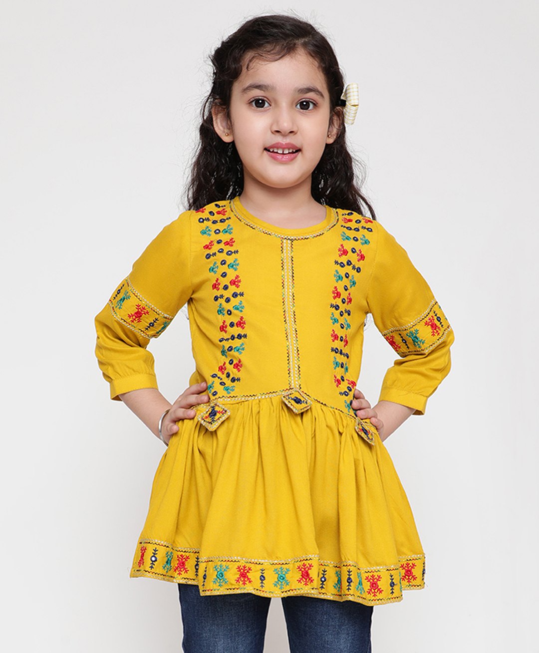 ISHTI Three Fourth Sleeves Mirror Work & Floral Embroidered Detailed Top - Yellow-picture-26